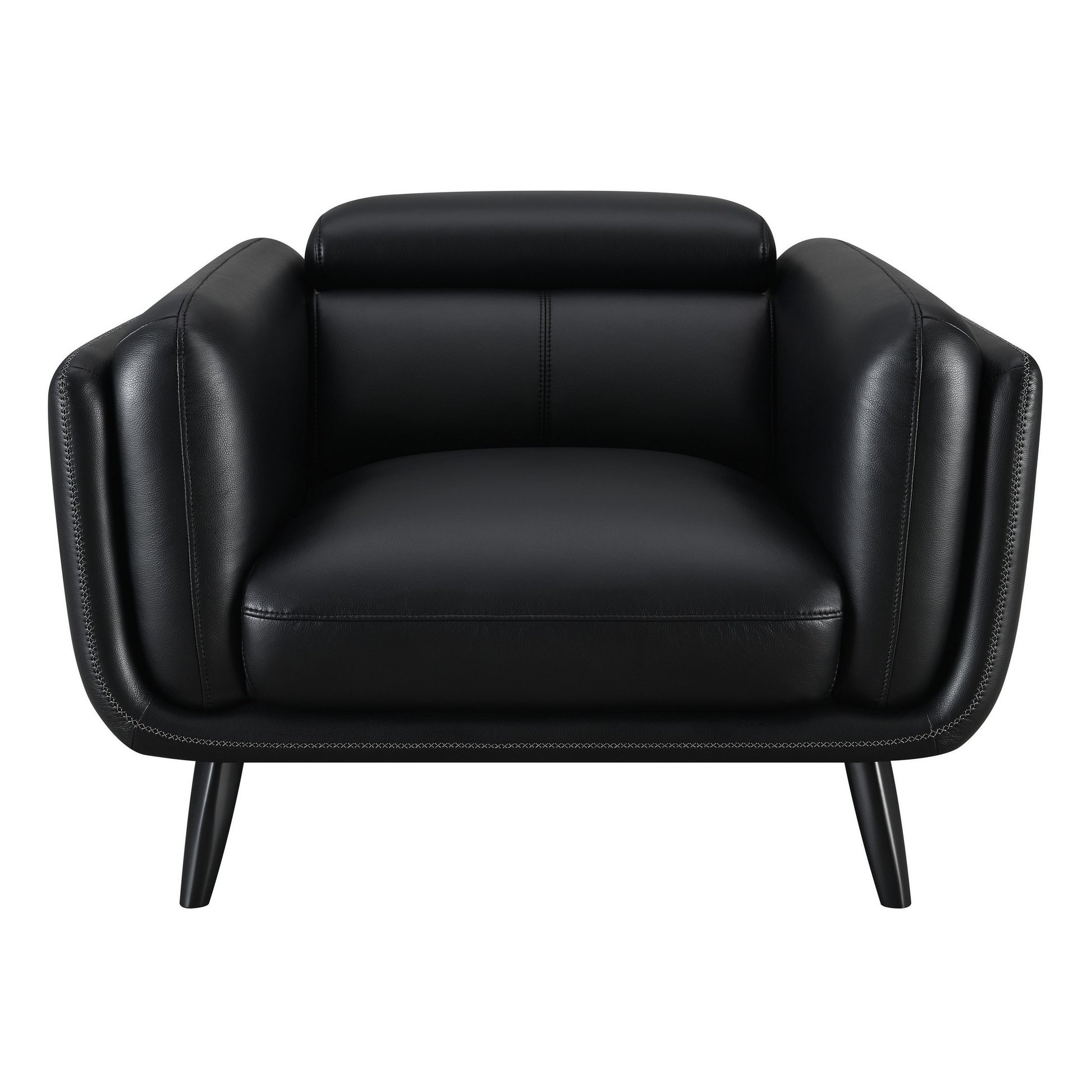 41 Inch Tuxedo Style Accent Chair, Double Track Arms, Black Faux Leather Black Wood