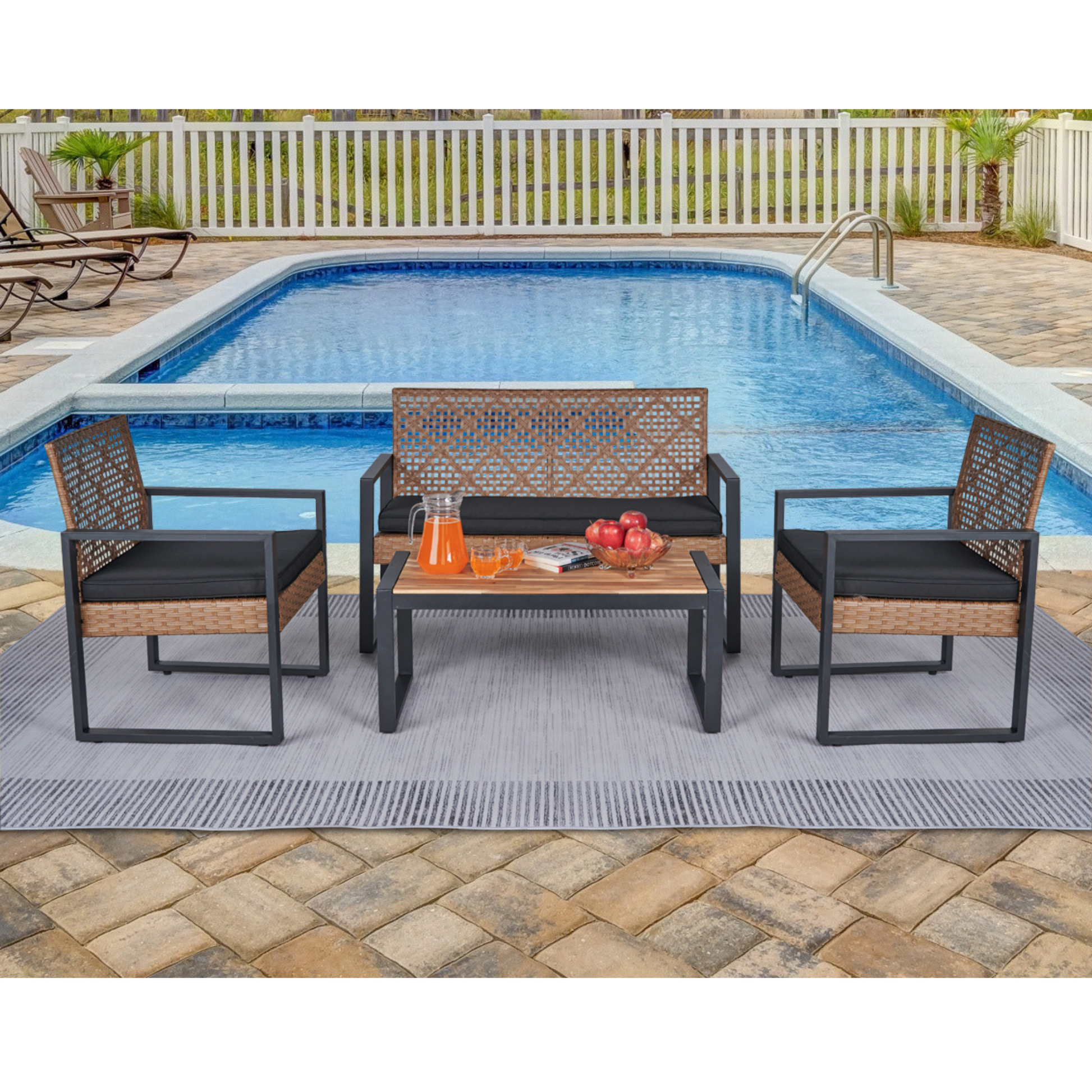 4 Piece Patio Furniture Set Outdoor Balcony Porch Garden Backyard Lawn Furniture Acacia Wood Table Top, Morden Black And Light Brown Yes Sectional Light Brown Seats 4 Rust Resistant Frame Water Resistant Cushion Garden & Outdoor American Design,American