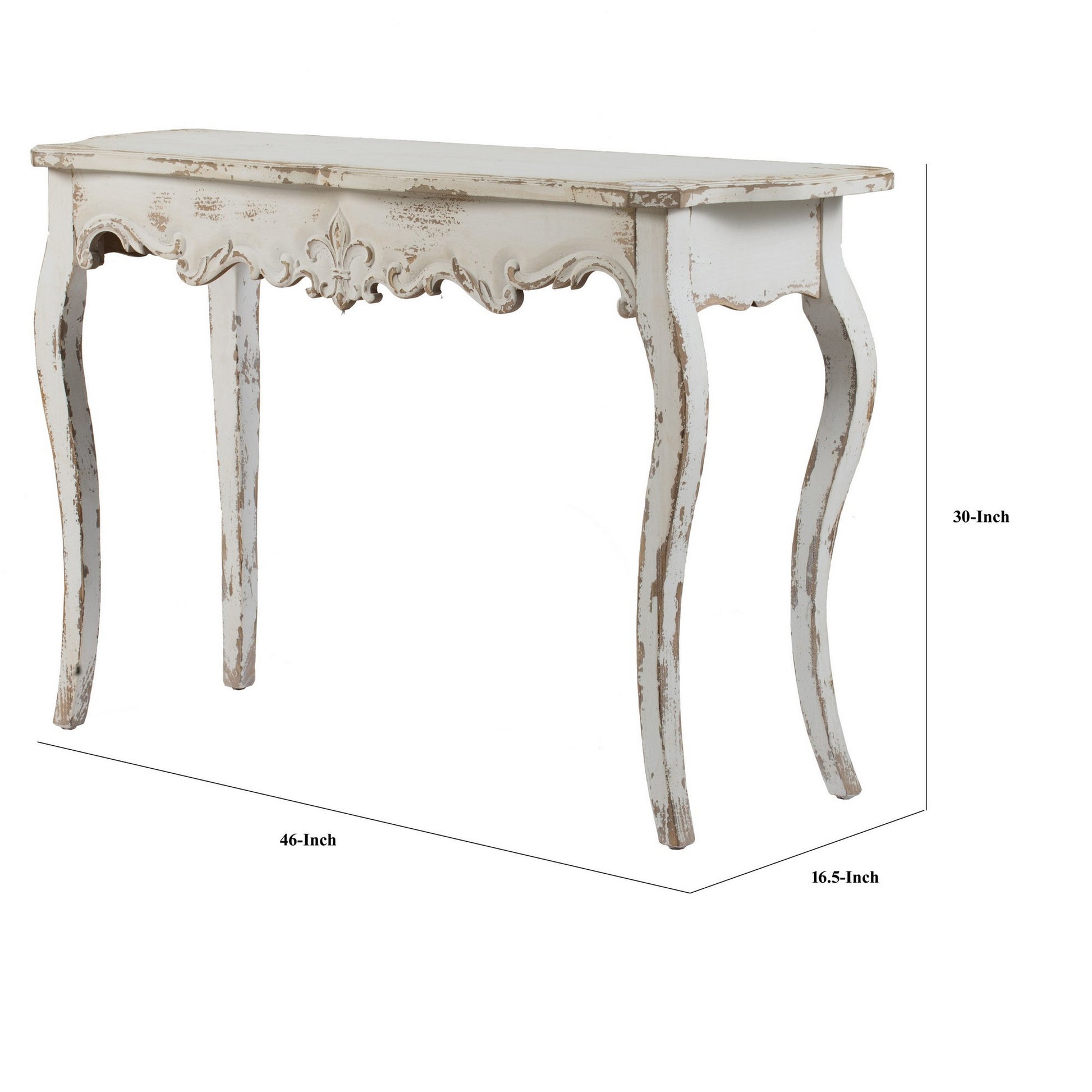 30 Inch Console Table, Fir Wood, Rectangle, Curved Legs, Distressed White White Wood