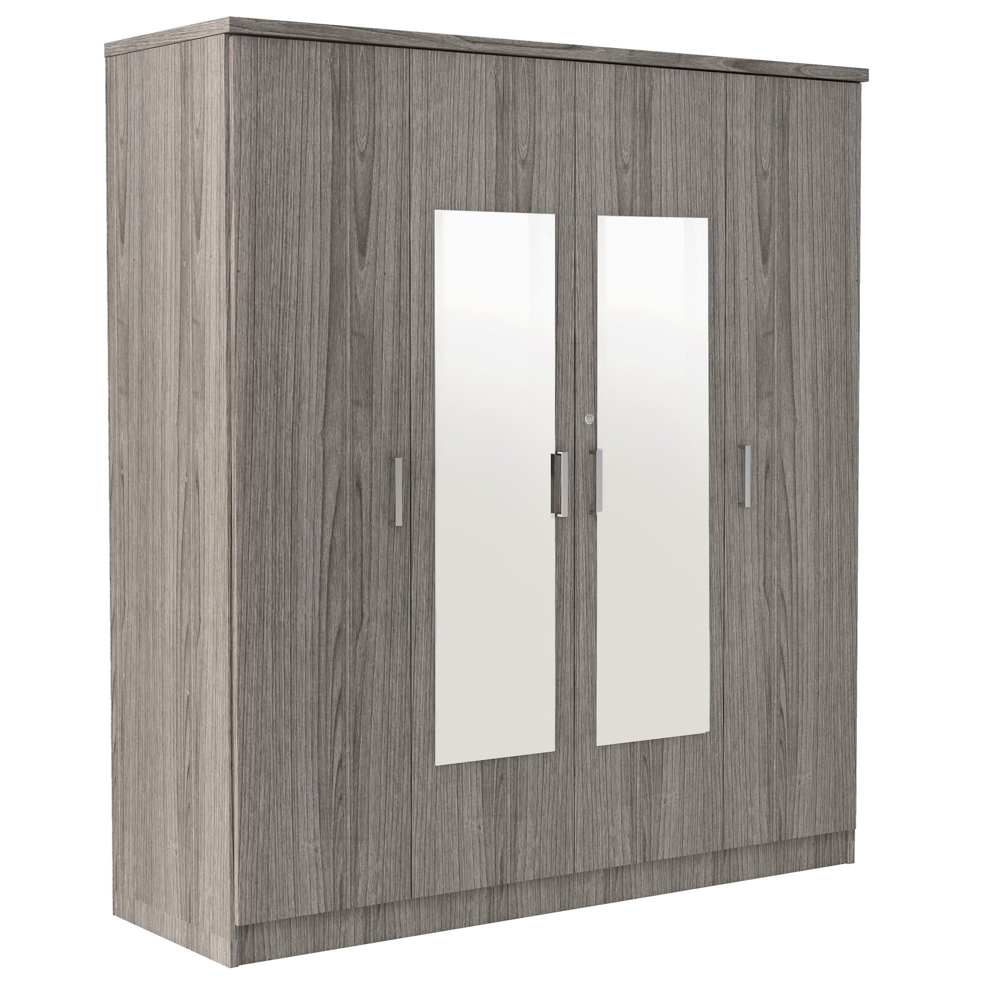 4 Door Mirror Wardrobe With Shelves, Gray Gray Plywood