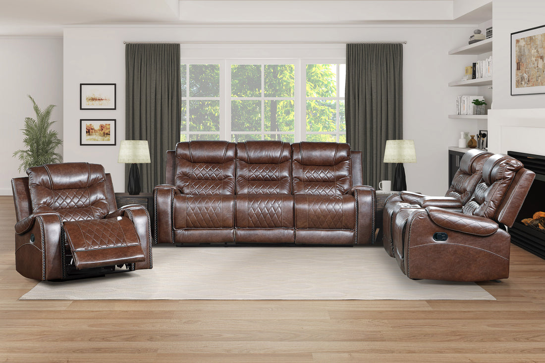 Luxurious Living Room Furniture 3Pc Reclining Sofa Set Brownfaux Leather Upholstery Sofa Loveseat Swivel Chair, Usb Ports, Power Outlets, Diamond Pattern Stitching Brown Faux Leather Wood Primary Living Space Luxury,Modern Solid Wood 6 Seat