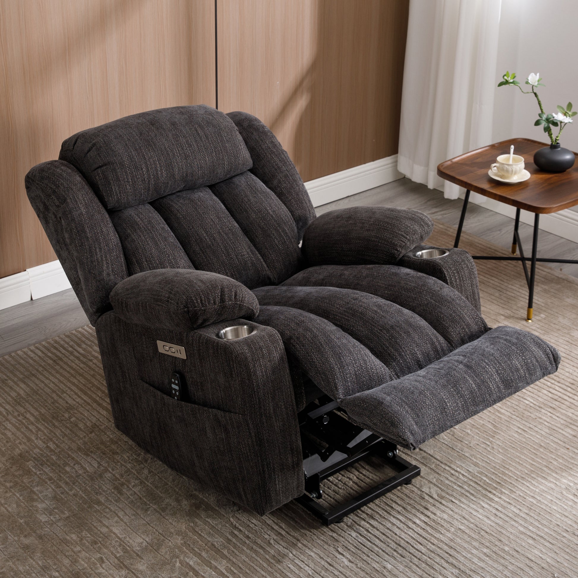 Up To 350 Lbs Chenille Power Lift Recliner Chair, Heavy Duty Motion Mechanism With 8 Point Vibration Massage And Lumbar Heating, Usb And Type C Ports, Stainless Steel Cup Holders, Grey White Metal Primary Living Space Heavy Duty Pine Grey Chenille Power