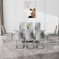 Table And Chair Set.Contemporary, Minimalist Rectangular Dining Table Featuring A Clear Tempered Glass Top And Sleek Silver Legs. Paried With Chairs Made Of Pu Material Cushion And Silver Metal Legs. Gray Seats 8 Glass Metal