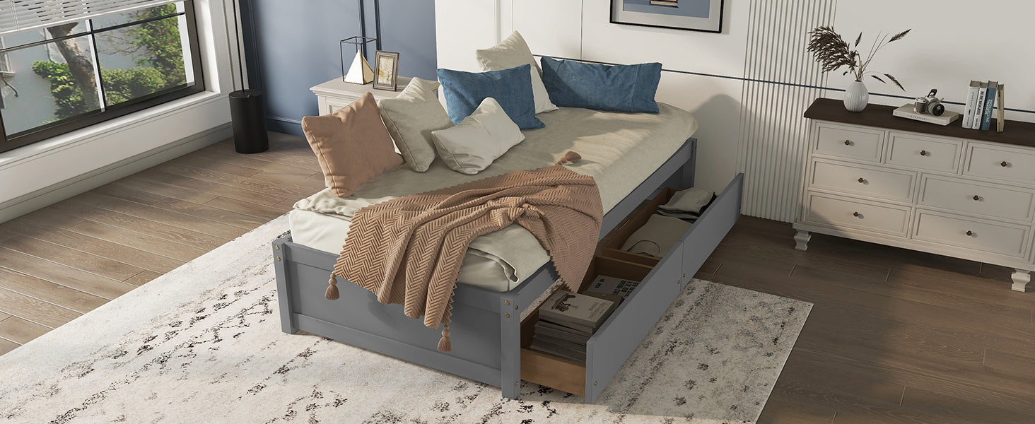 Twin Bed With 2 Drawers, Solid Wood, No Box Spring Needed ,Grey Old Sku:W50422208 Twin Grey Pine