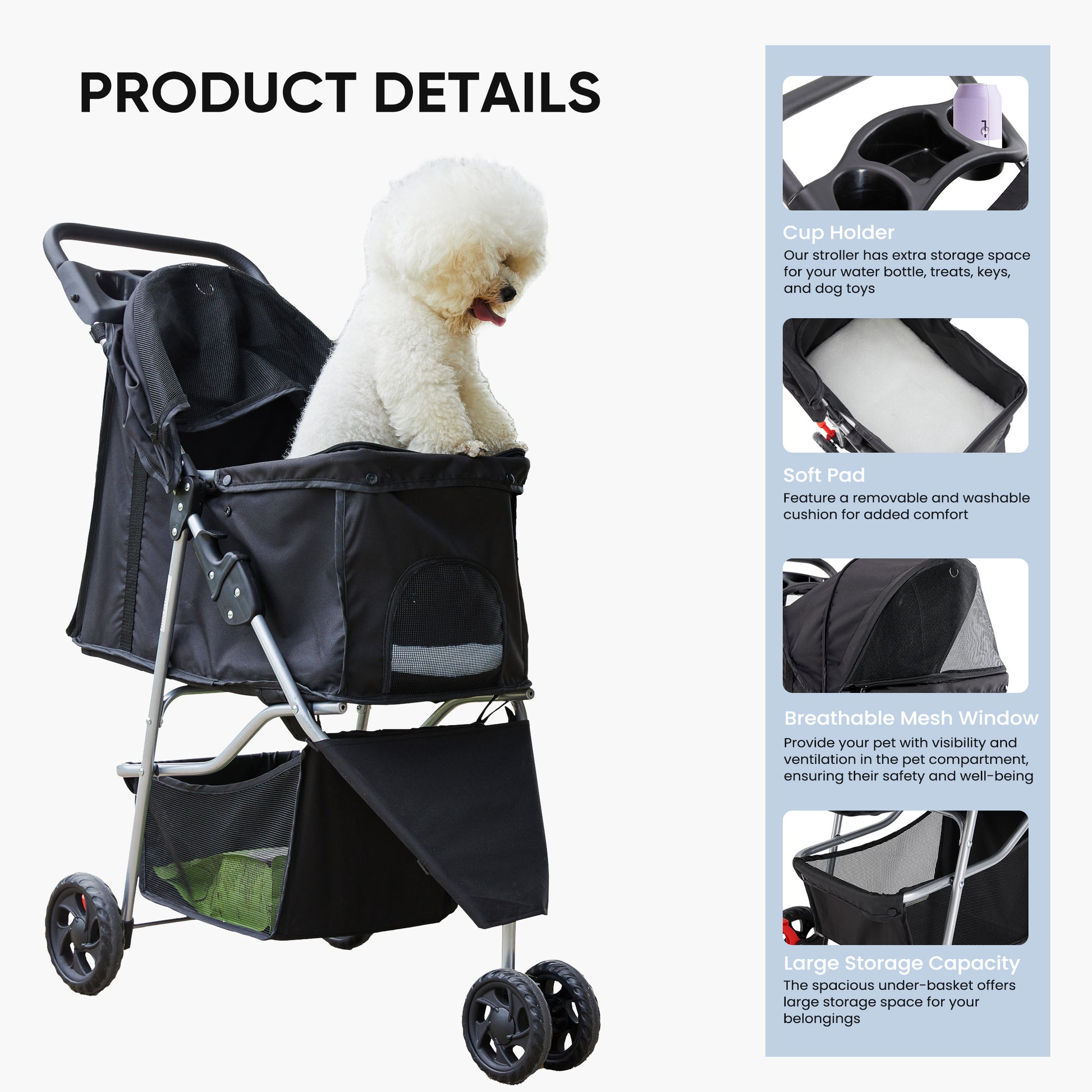 Pet Stroller For Dogs And Cats Foldable,Lightweight, And Durable Ideal For Small To Medium Pets Includes Storage Basket Black Abs