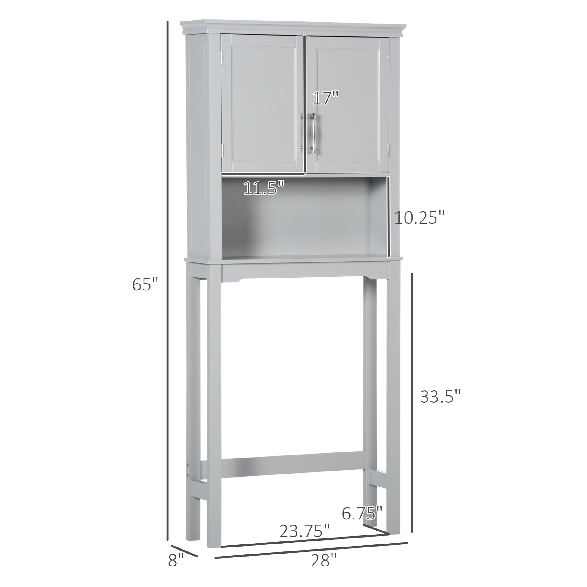 Kleankin Modern Over The Toilet Storage Cabinet, Double Door Bathroom Organizer With Inner Adjustable Shelf And Open Shelf, Grey Grey Mdf