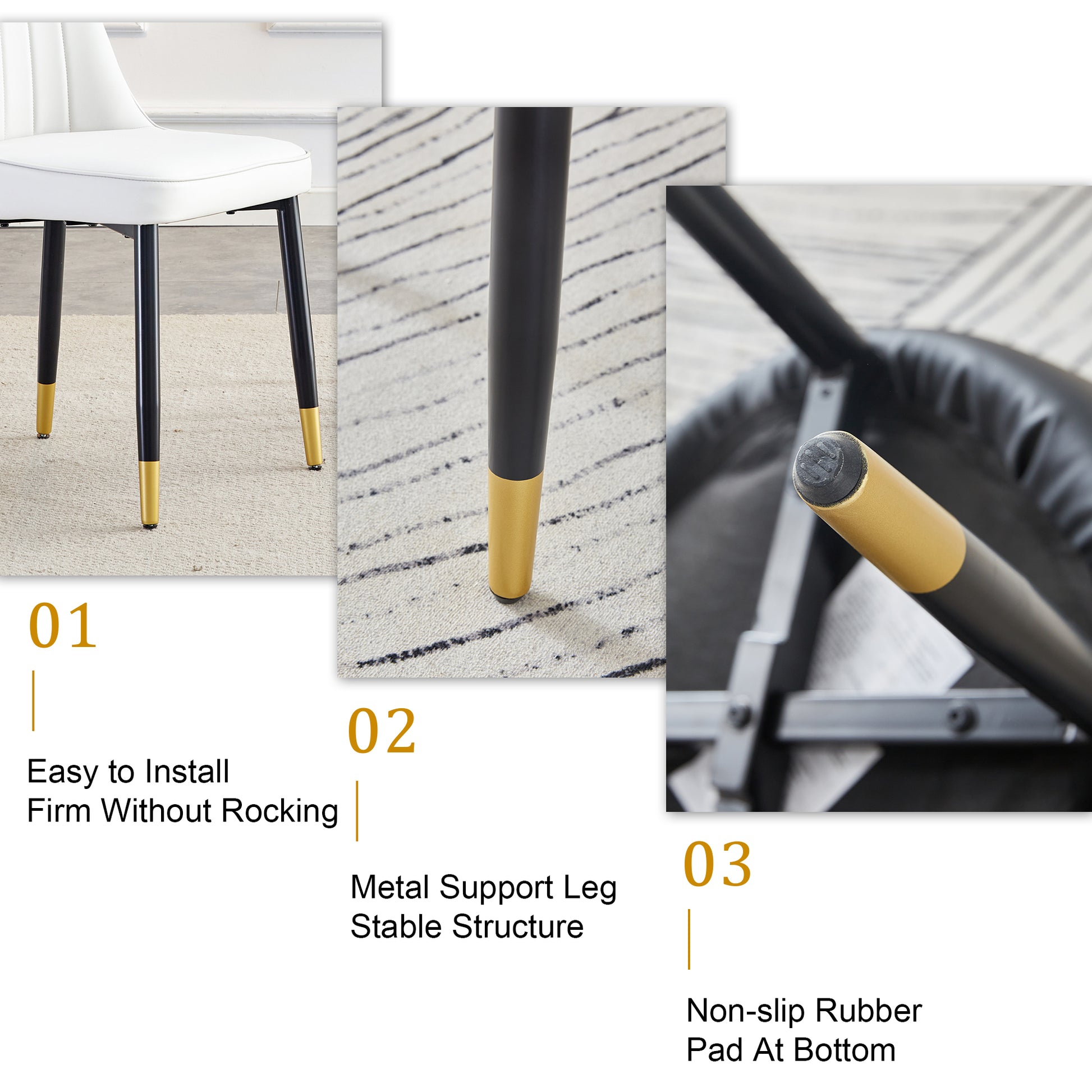 Table And Chair Set.Modern Rectangular Dining Table With Black Textured Stickers Glass Tabletop And Gold Plated Metal Legs.Paried With 6 Comfortable Chairs With Pu Seats And Black Metal Legs. Black Gold,White Seats 6 Glass Metal