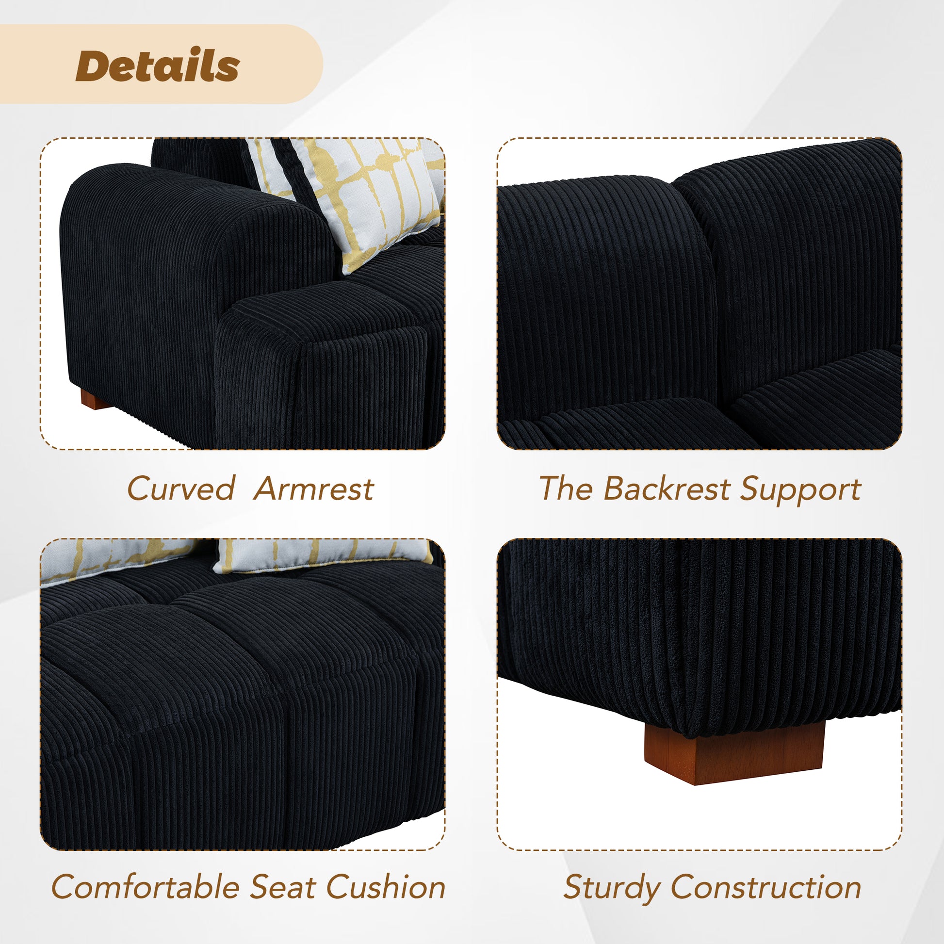 103.9" Modern Couch Corduroy Fabric Comfy Sofa With Rubber Wood Legs, 4 Pillows For Living Room, Bedroom, Office, Black Black Corduroy 2 Seat