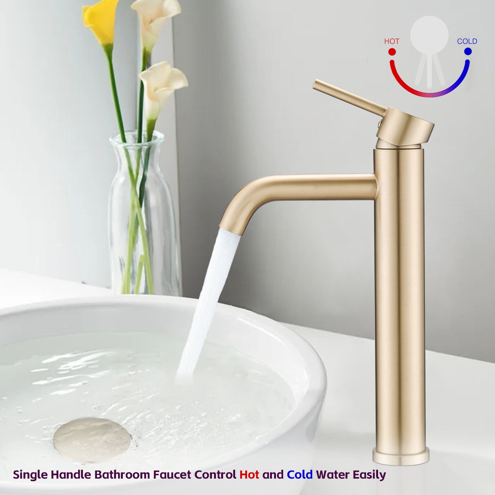 Bathroom Modern Tall Faucets Single Handle One Hole Lavatory Bathroom Sink Faucet Brushed Gold Cartridge Valve Bathroom 1 Hole Faucets Stainless Steel