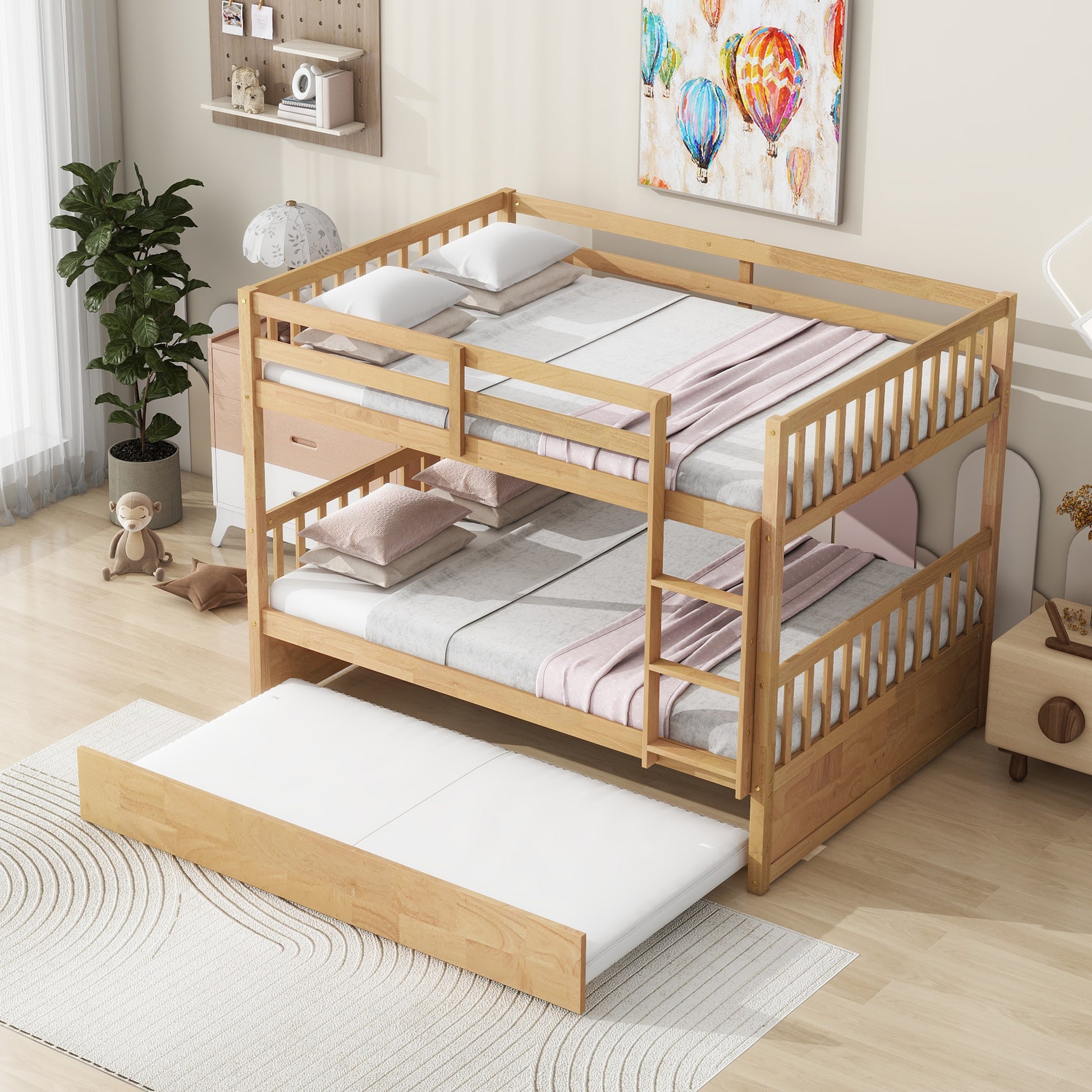 Full Over Full Rubber Wood Bunk Bed With Trundle, Ladder And Guardrails, Convertible To 2 Full Size Beds, With Twin Size Trundle,White Oak Full White Oak Bedroom American Design Bed Frame Rubber