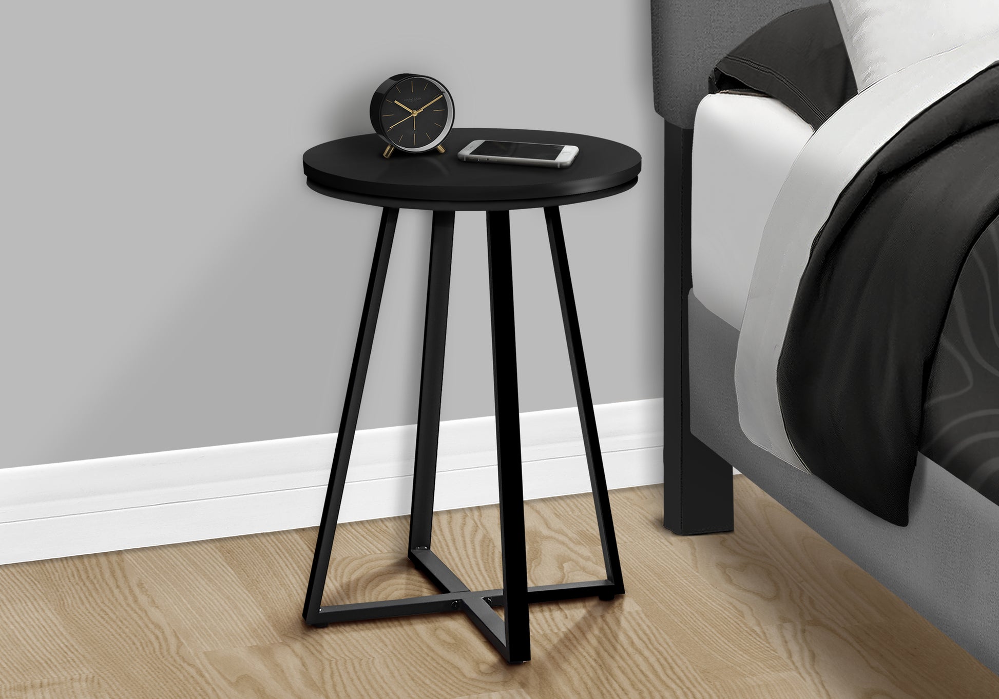 Accent Table, Side, Round, End, Nightstand, Lamp, Living Room, Bedroom, Black Laminate, Black Metal, Contemporary, Modern Black Metal