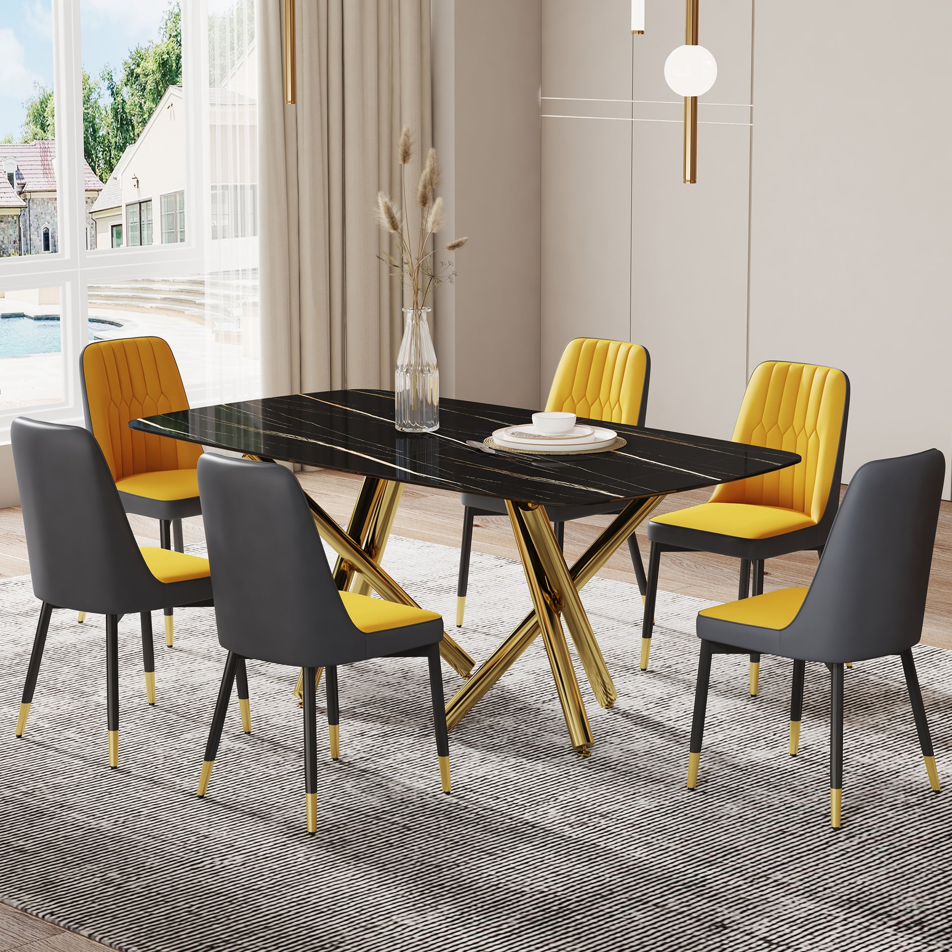 Large Modern Minimalist Rectangular Dining Table With 0.39 "Imitation Marble Black Desktop And Gold Metal Legs, For Kitchen Dining Living Meeting Room Banquet Hal 1538 Black Glass