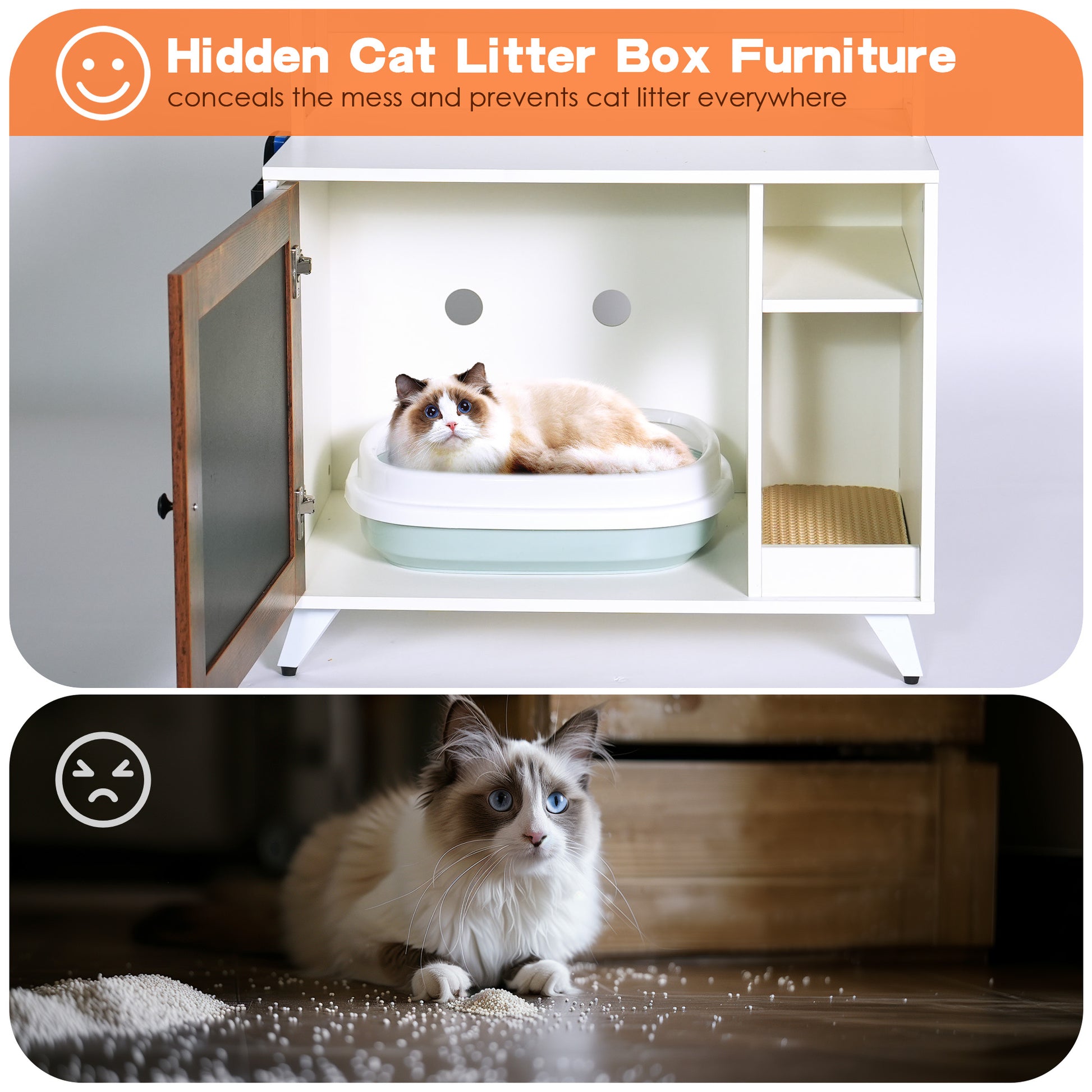 Graffiti The Litter Box Enclosure With 2 Storage Shelves And 1 Doors, Hidden Cat Litter Box Enclosure Furniture With Shelf, Indoor Cat House Furniture For Most Of Litter Box,White White Vintage Particle Board