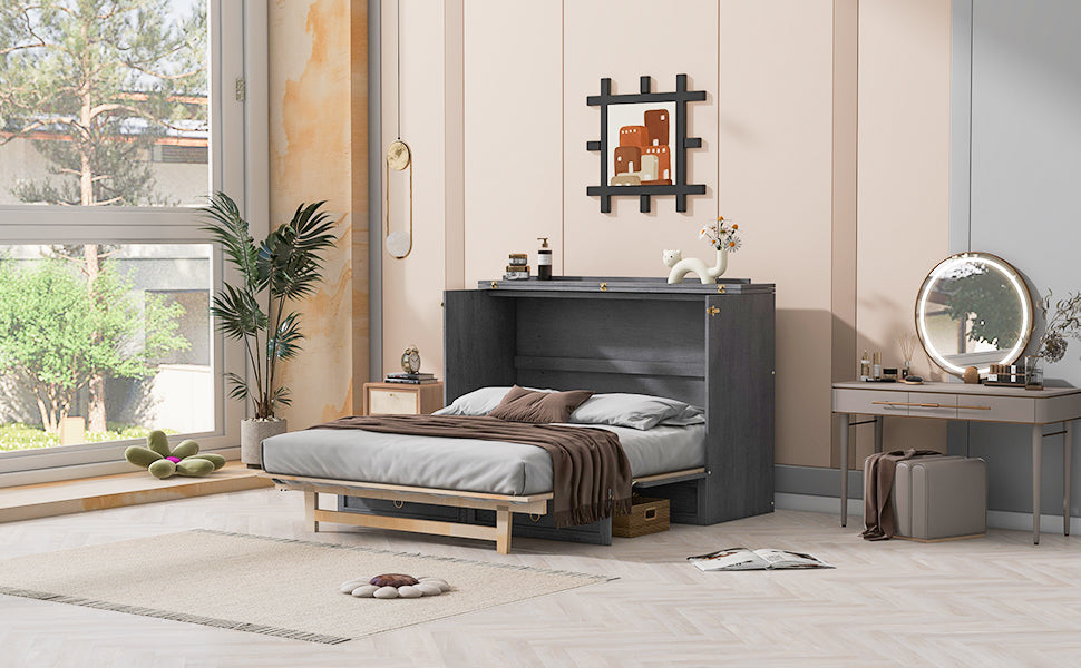 Queen Murphy Bed With Large Drawers,Gray Queen Gray Plywood