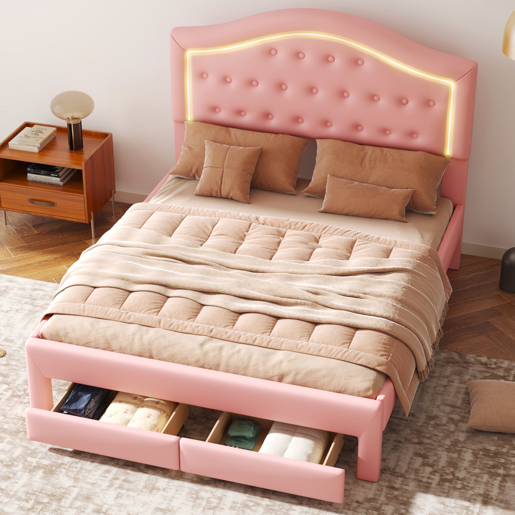 Queen Size Upholstered Platform Bed With Tufted Headboard, Led And 2 Drawers, Pink Box Spring Not Required Queen Pink Wood Bathroom Bed Frame Faux Leather Upholstered