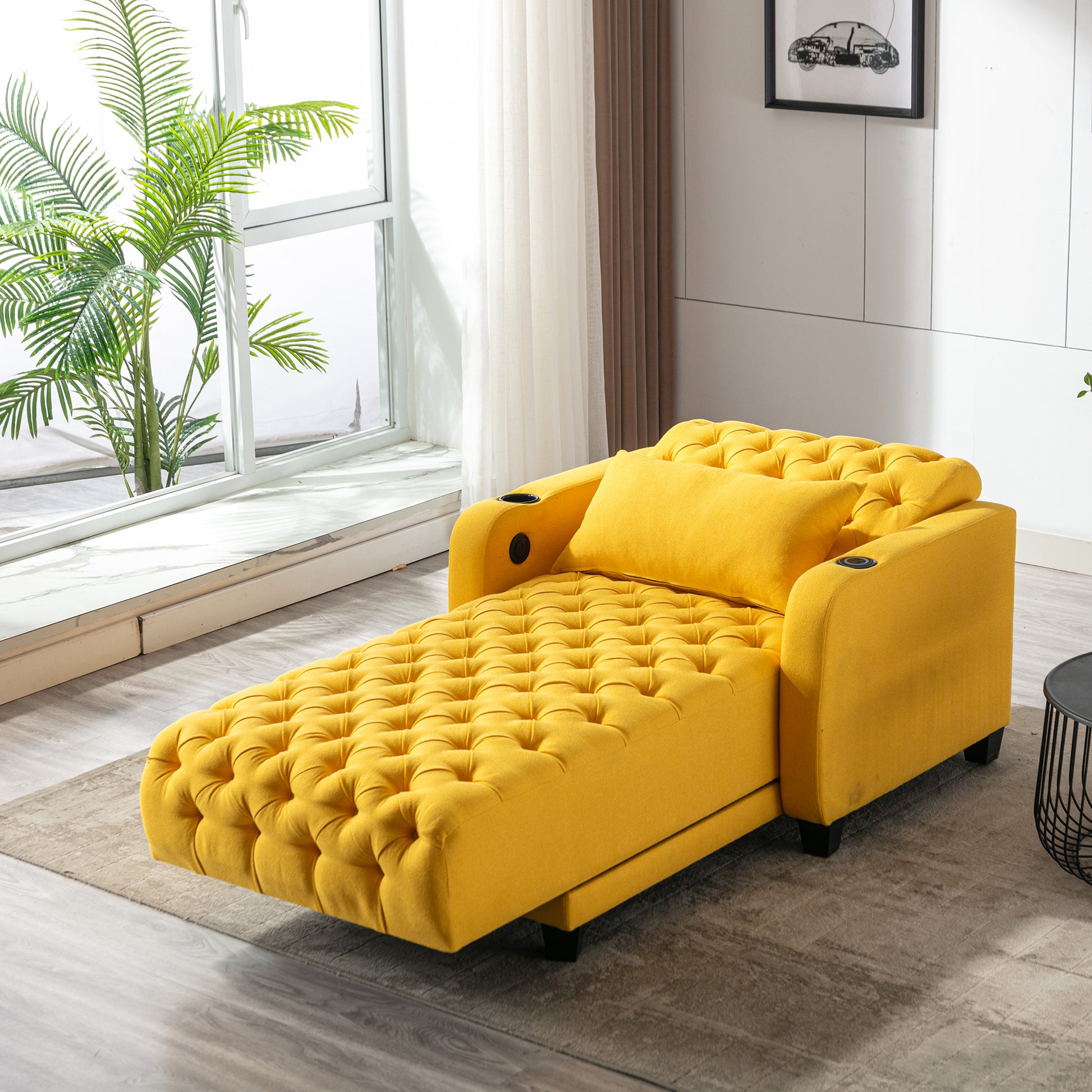 Coolmore Multifunctional Living Room Leisure Chaise Lounge Barry Tufted Comfy Armchair Wireless Charging, Smooth Reclining Backrest & Lumbar Pillow For Home Apartment Yellow Linen Yellow Foam Linen