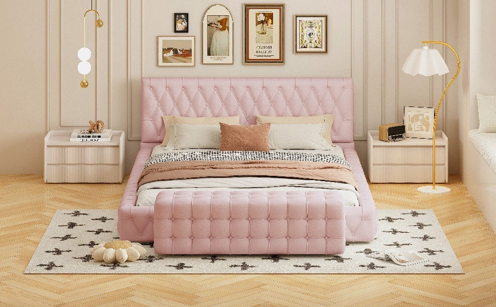 2 Pieces Bedroom Sets Queen Size Upholstered Bed With Rectangular Upholstered Ottoman For Bedroom,Pink Queen Pink 2 Piece Set Solid Wood Mdf