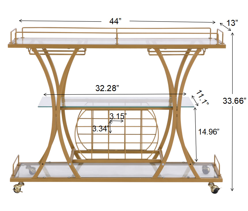 Golden Bar Cart With Wine Rack Tempered Glass Metal Frame Wine Storage Golden Glass Metal