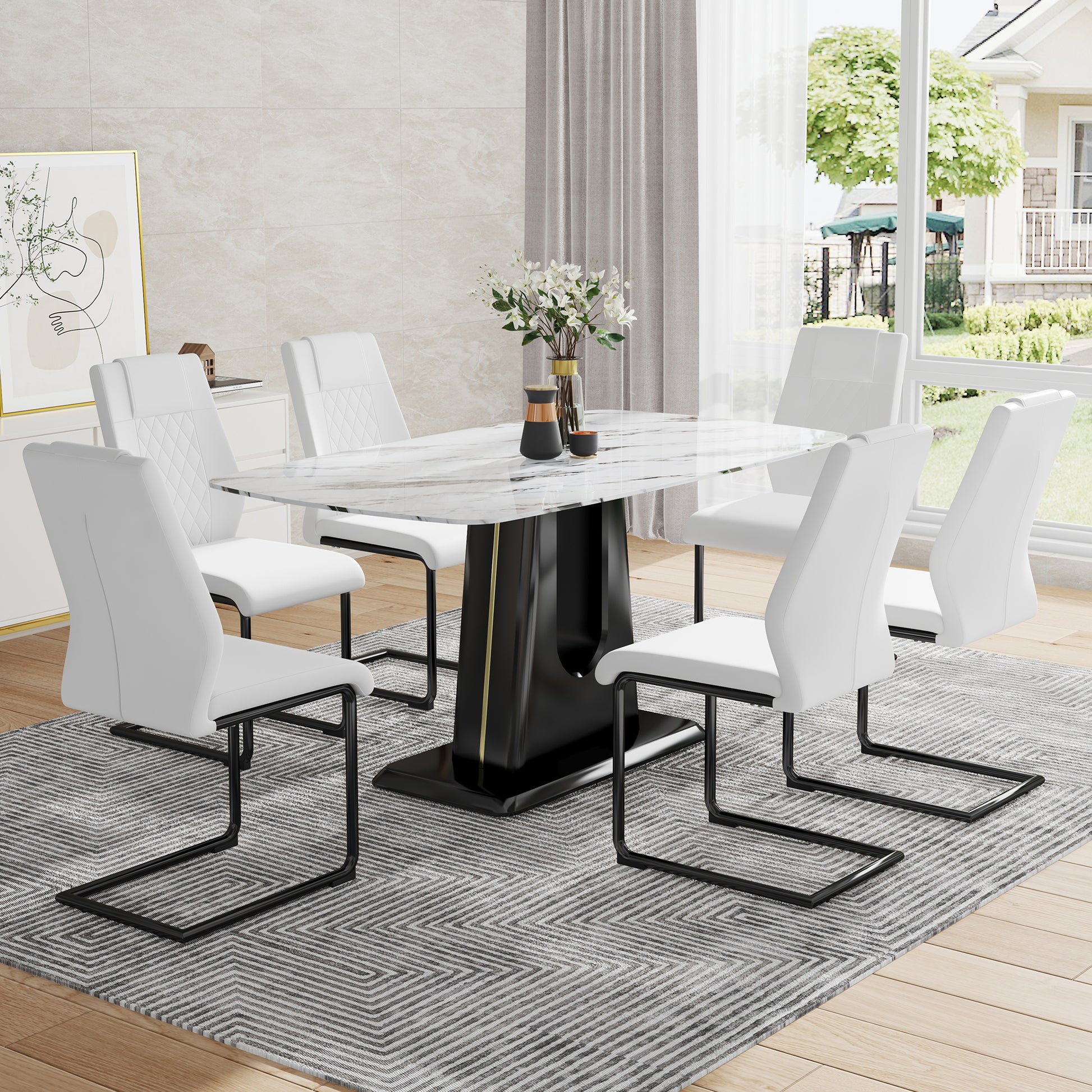 Table And Chair Set, Modern And Minimalist Dining Table, Imitation Marble Patterned Tabletop, Mdf Legs With U Shaped Brackets. Paired With Comfortable Chairs, Suitable For Dining And Living Rooms. Black Mdf Glass