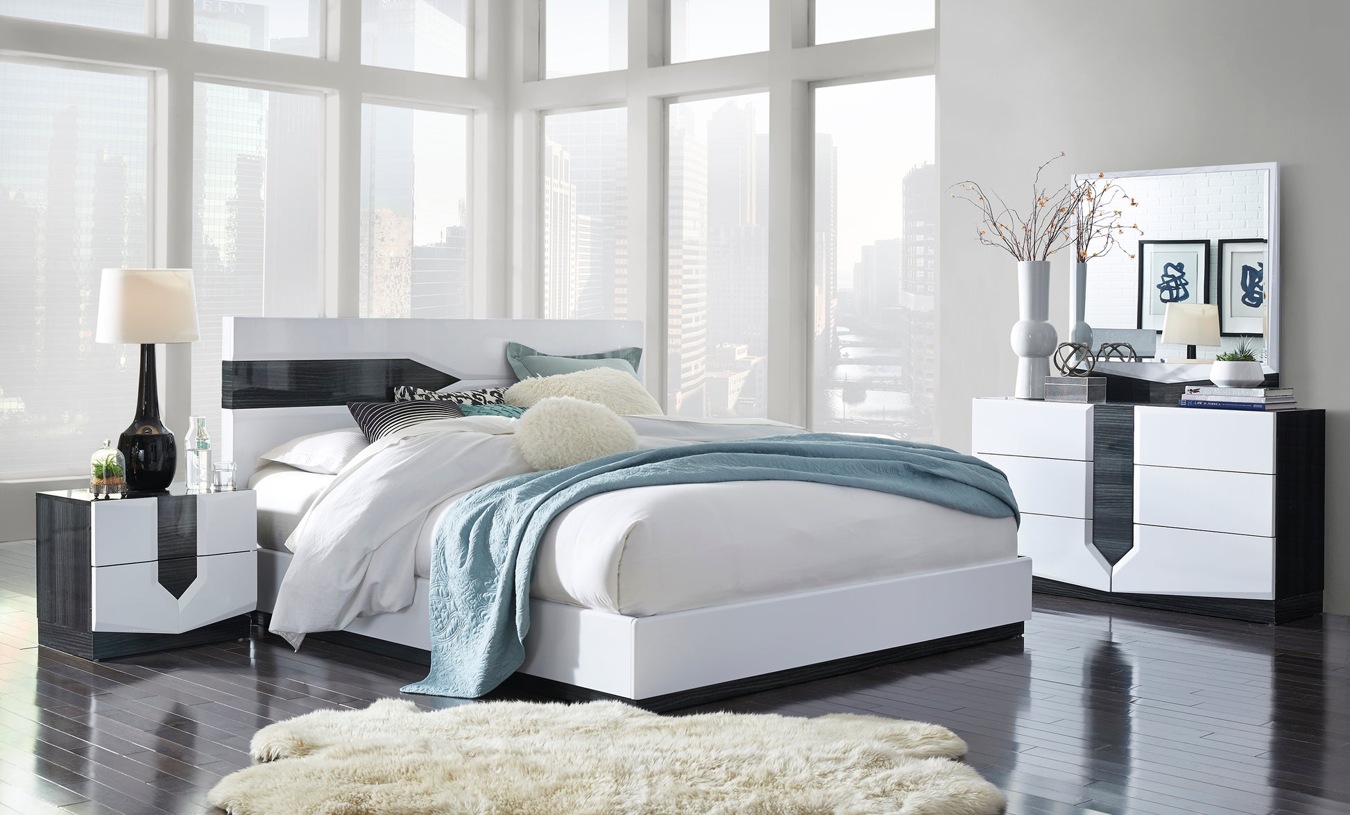 Vios Zebra White Queen Bed White Black Mdf