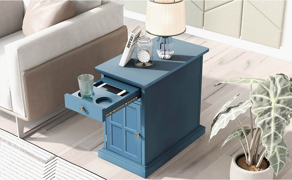 Classic Vintage Livingroom End Table Side Table With Usb Ports And One Multifunctional Drawer With Cup Holders, Antique Navy Old Sku: Wf296294Aam Antique Navy Solid Wood