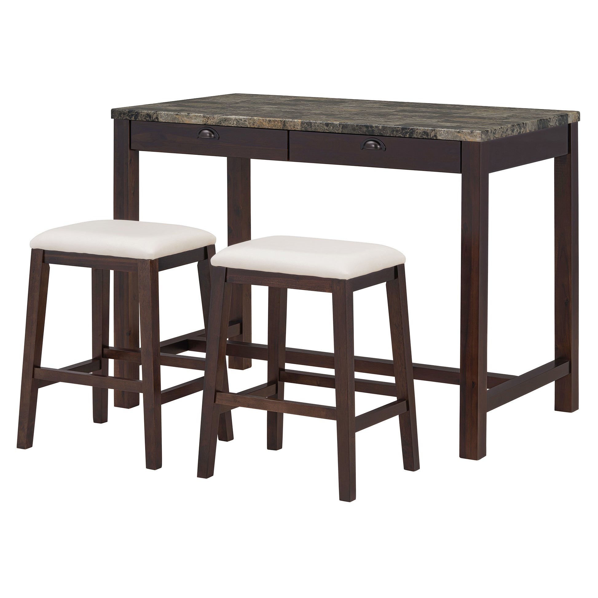 3 Piece Modern Faux Marble Versatile Bar Table Set With Storage Drawers And Padded Stools, Ideal For Space Saving Dining Nooks Or Small Kitchens Walnut Walnut Solid Wood Mdf