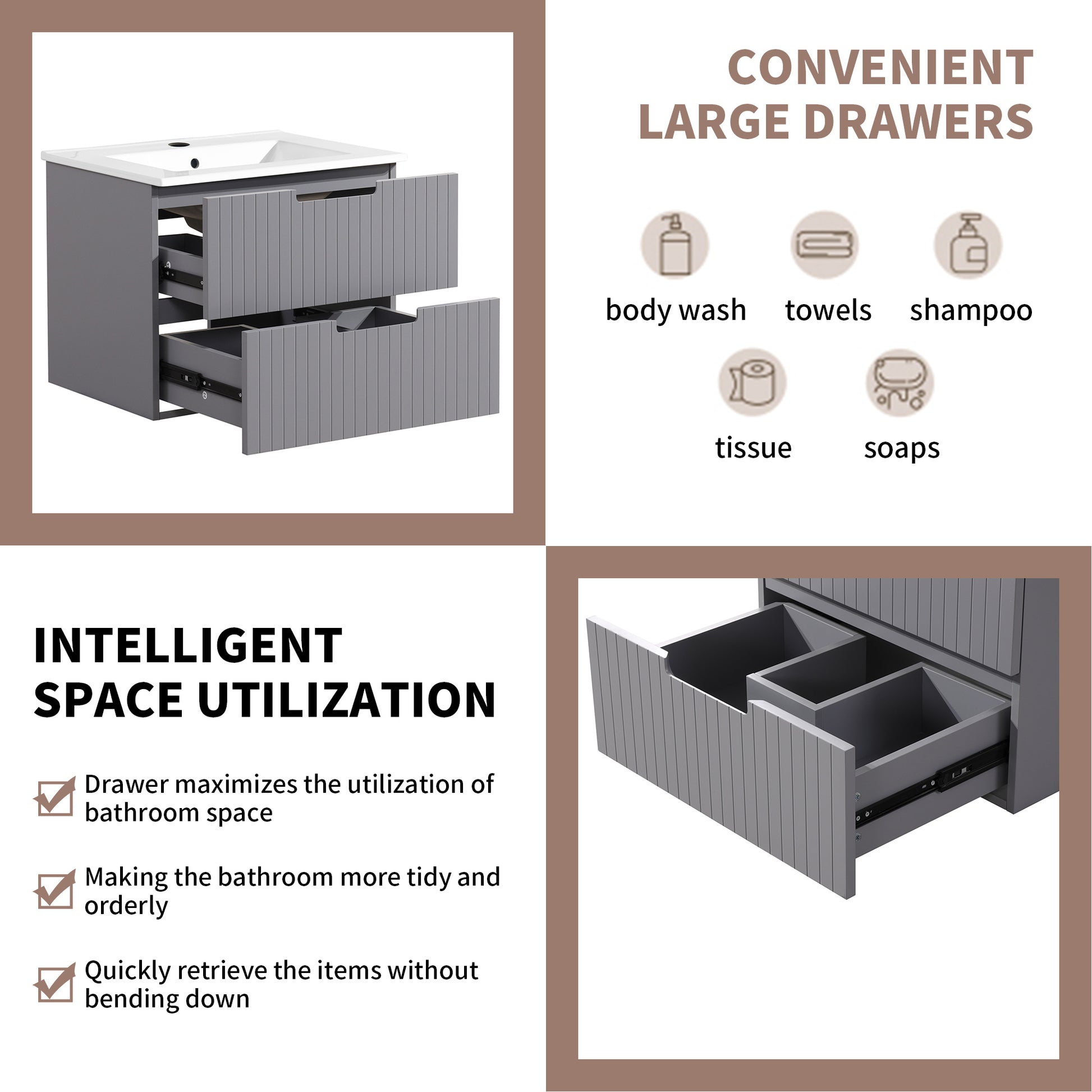 24 Inch Floating Bathroom Vanity With Ceramic Sink, Modern Bath Storage Cabinet Vanity With Drawers Wall Mounted Combo Set For Bathroom, Gray Grey Mdf