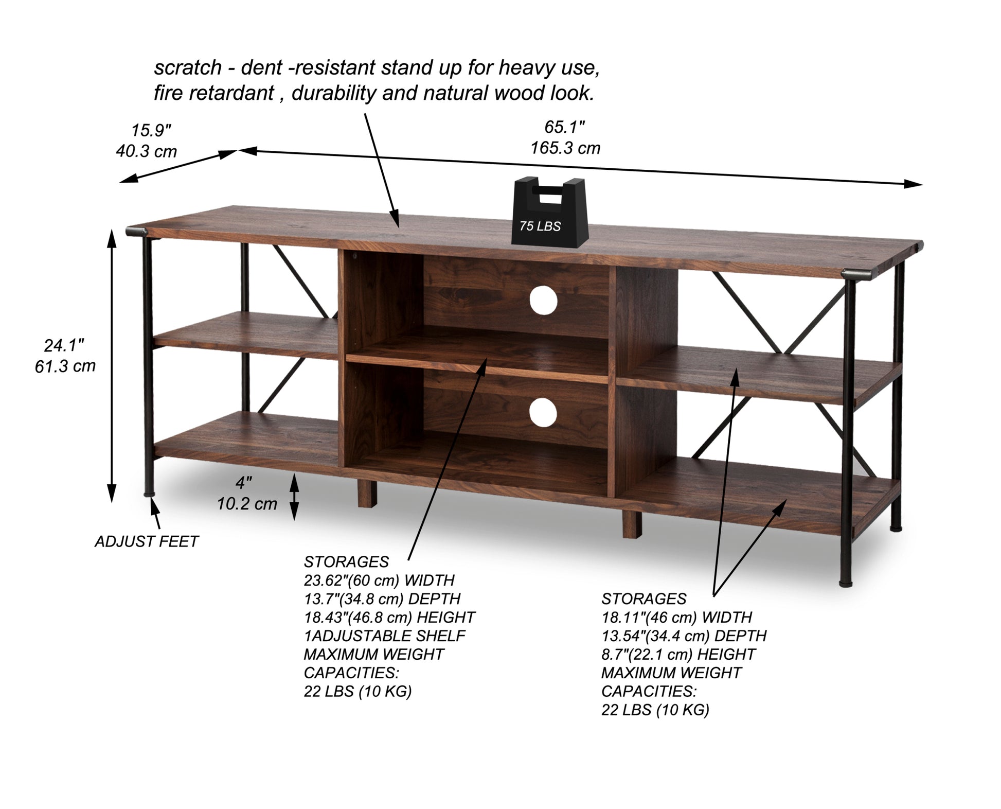 65" Tv Stand "Open Design Walnut Tv Stand With Cable Management And Adjustable Metal Feet" Walnut Solid Wood