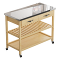 Stainless Steel Countertop Solid Wood Kitchen Cart With Storage Drawers And Shelves, Rotatable Kitchen Island With Steel Table Top And Tower Rack, Rolling Utility Trolley Cart For Kitchen And Dining Burly Wood Kitchen Classic,Contemporary Rectangular