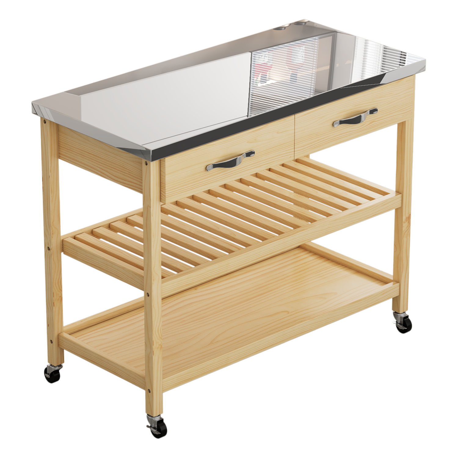 Stainless Steel Countertop Solid Wood Kitchen Cart With Storage Drawers And Shelves, Rotatable Kitchen Island With Steel Table Top And Tower Rack, Rolling Utility Trolley Cart For Kitchen And Dining Burly Wood Kitchen Classic,Contemporary Rectangular