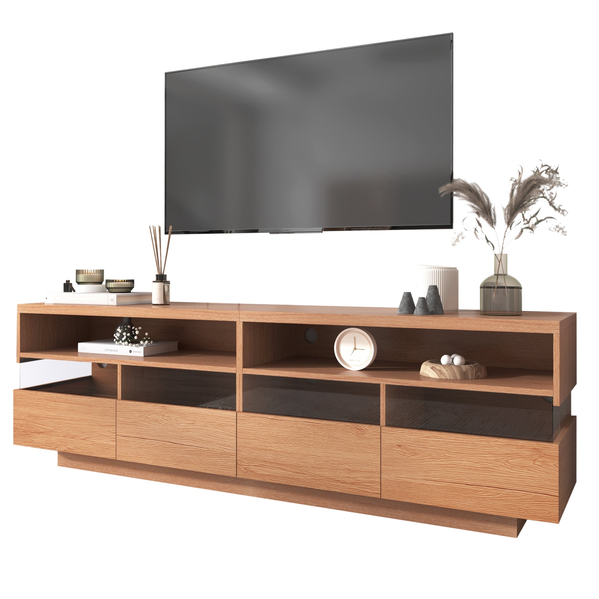 Modern Tv With 4 Drawers& 2 Open Cabinets, Media Console Table For Tvs Up To 75'', Entertainment Center With Acrylic Transparent Storage Space For Living Room, Bedroom, Home Theatre Wood Red Primary Living Space 70 Inches 60 69 Inches 70 Inches Particle