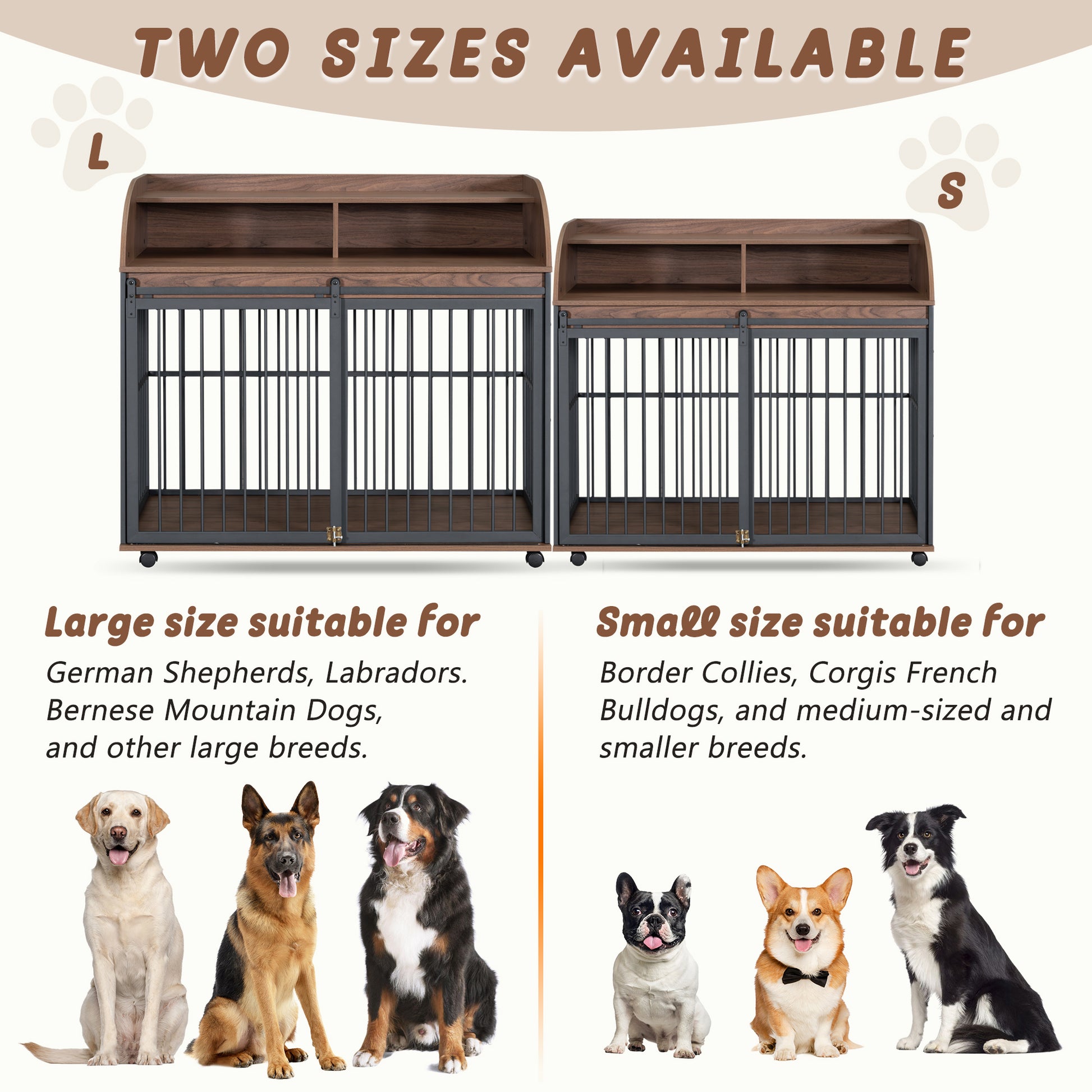 44'' Heavy Duty Large Dog Crate Furniture For Large Medium Dog With Lockable Wheels, Wooden Dog Crate Dog Kennel, End Table Crate With Double Layer Storage, Brown Brown Engineered Wood