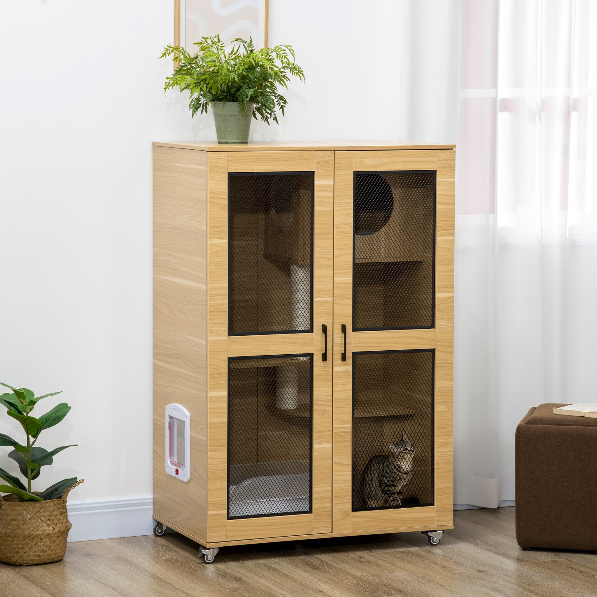 Pawhut Luxury Cat House With Wheels, Kitty Cage Catio Villa For Indoor Cats With Scratching Posts, Condo, Flap Door, Cushion, Oak, 31.5" X 20" X 48.5" Oak Particle Board