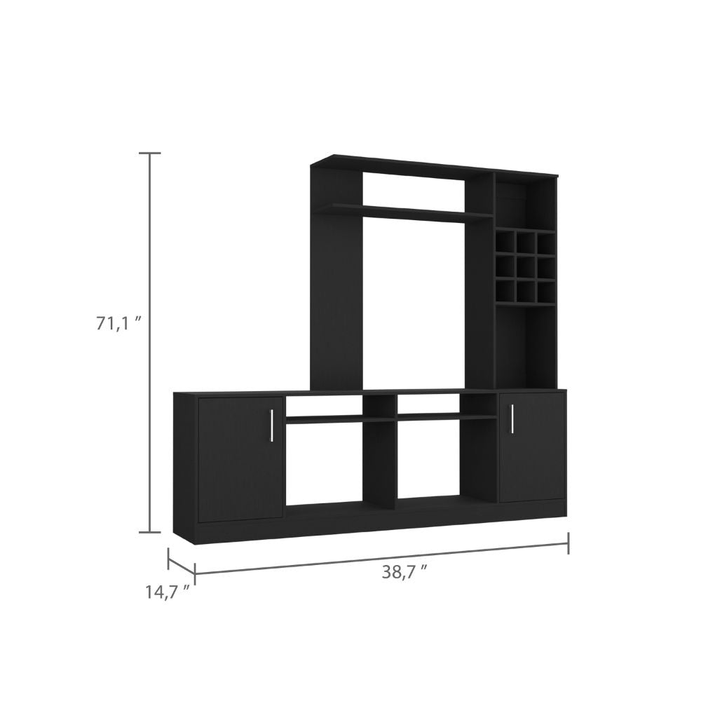 Entertainment Center For Tv S Up 78", Double Door Cabinet, Storage Spaces, Six External Shelves, Black Black 60 69 Inches Solid Wood Mdf Engineered Wood