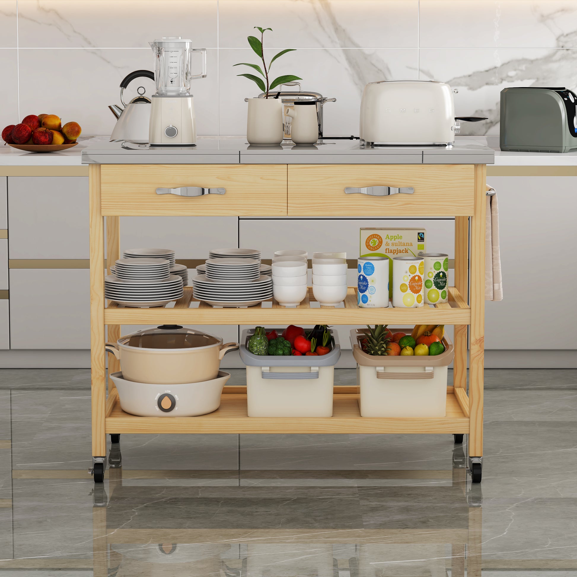 Stainless Steel Countertop Solid Wood Kitchen Cart With Storage Drawers And Shelves, Rotatable Kitchen Island With Steel Table Top And Tower Rack, Rolling Utility Trolley Cart For Kitchen And Dining Burly Wood Kitchen Classic,Contemporary Rectangular