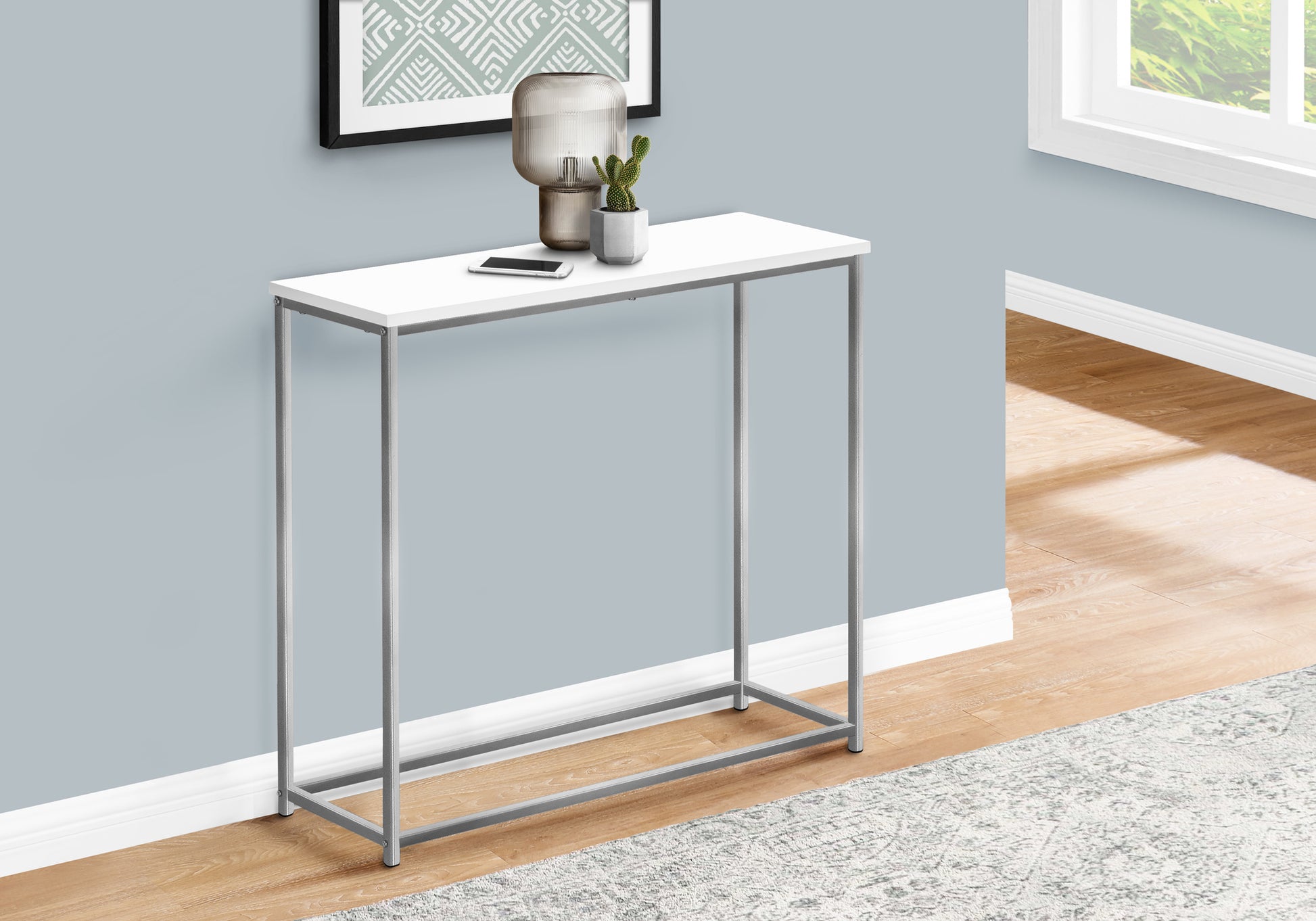 Accent Table, Console, Entryway, Narrow, Sofa, Living Room, Bedroom, White Laminate, Grey Metal, Contemporary, Modern White Particle Board