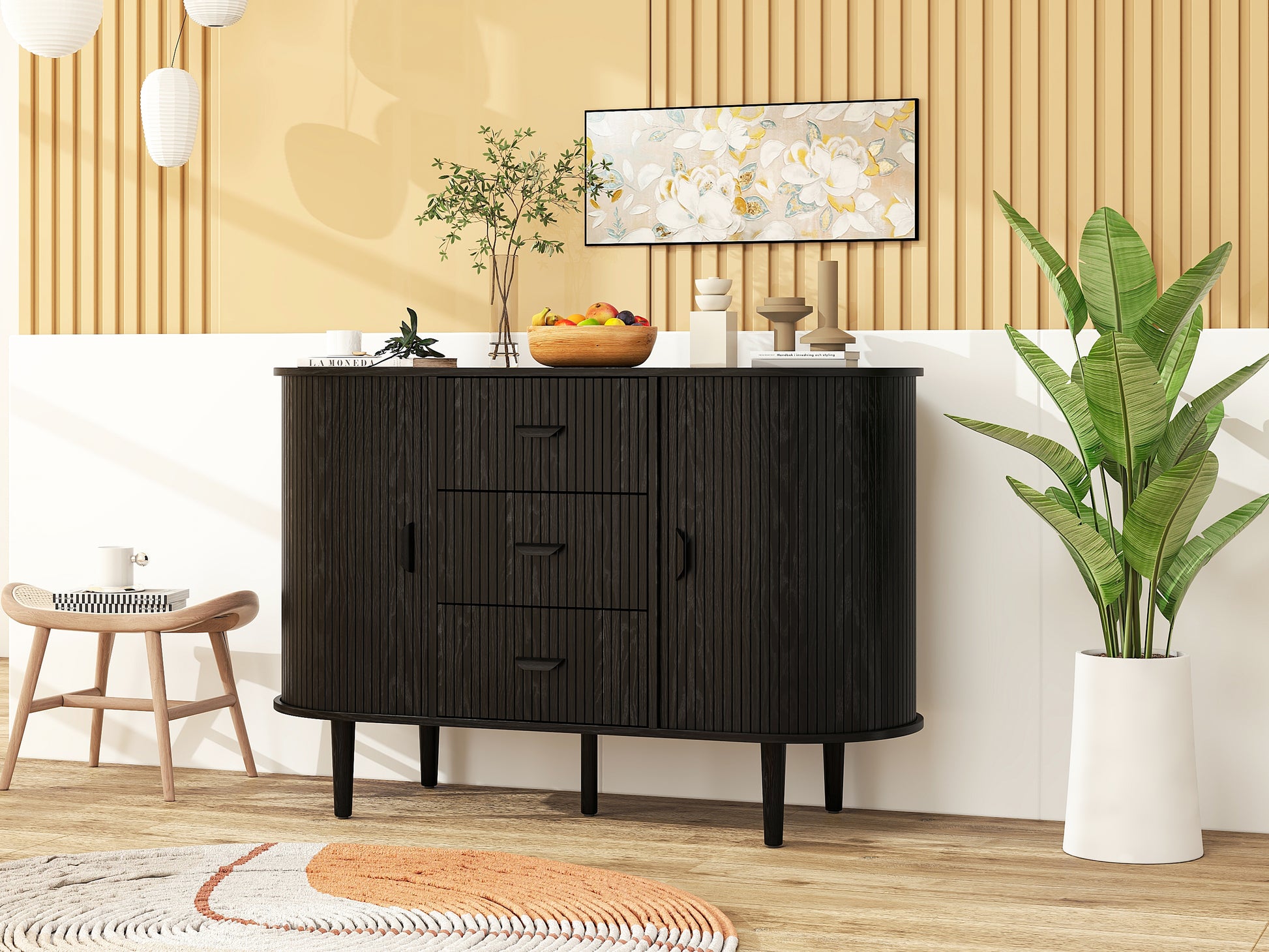 Sideboard Buffet Storage Cabinetaccent Cabinet With Smoothly Sliding Tambour Doorsmodern Kitchen Buffet Cabinet With 3 Drawer And 2 Doors For Living Room Dining Room Black Mdf