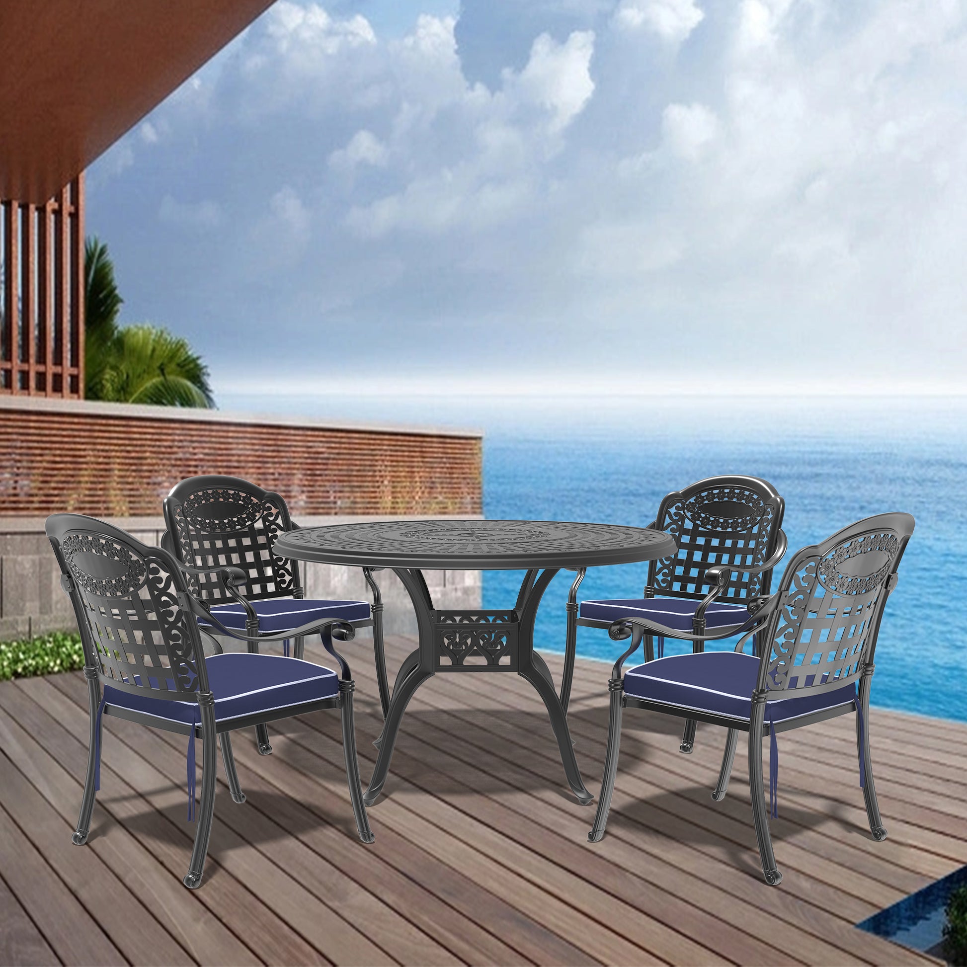 Cushions In Random Colors 5 Piece Set Of Cast Aluminum Patio Furniture With Cushions Yes Dining Set Black Seats 4 Rust Resistant Frame Water Resistant Cushion Garden & Outdoor Complete Patio Sets Aluminium