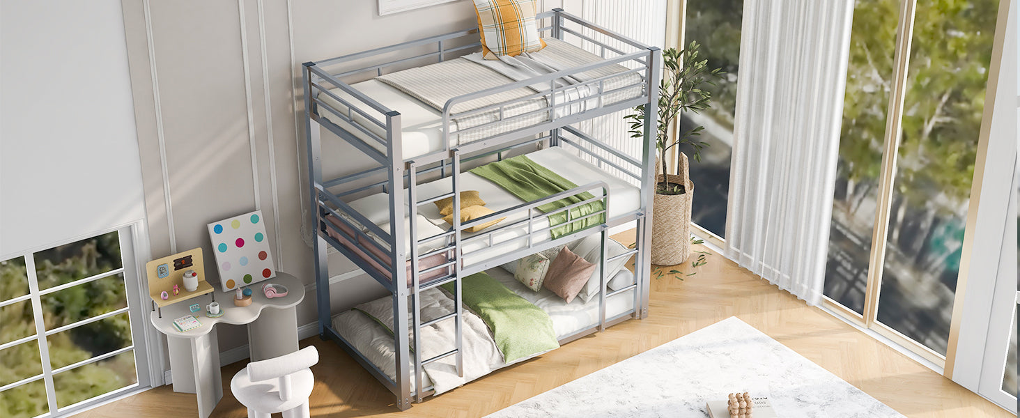 Metal Twin Size Triple Bunk Bed, Silver Old Sku: Sm000230Aan 1 Box Spring Not Required Twin Silver Metal Bedroom Metal