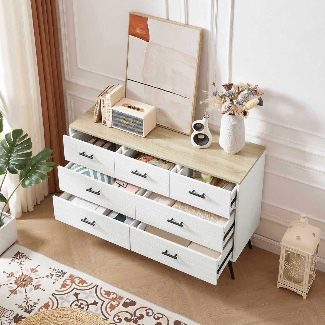 7 Drawer Dresser For Bedroom With Deep Drawers, Wood Dressers & Chest Of Drawers, Modern White Long Dressers For Closet Living Room, 47.2"W X 15.7"D X 31.5"H, White & Oak White Light Oak White Rustic,Vintage Particle Board