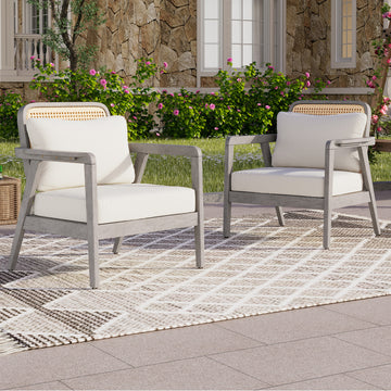 Set Of 2 Outdoor Acacia Wood Patio Club Chair, Patio Furniture,Waterproof Thick Cushion Deep Seating For Porch, Garden, Backyard, Balcony, Weight Capacity 400Lbs, Light Gray Finish, Cream Cushion Yes Deep Seating Light Gray Garden & Outdoor Foam Acacia