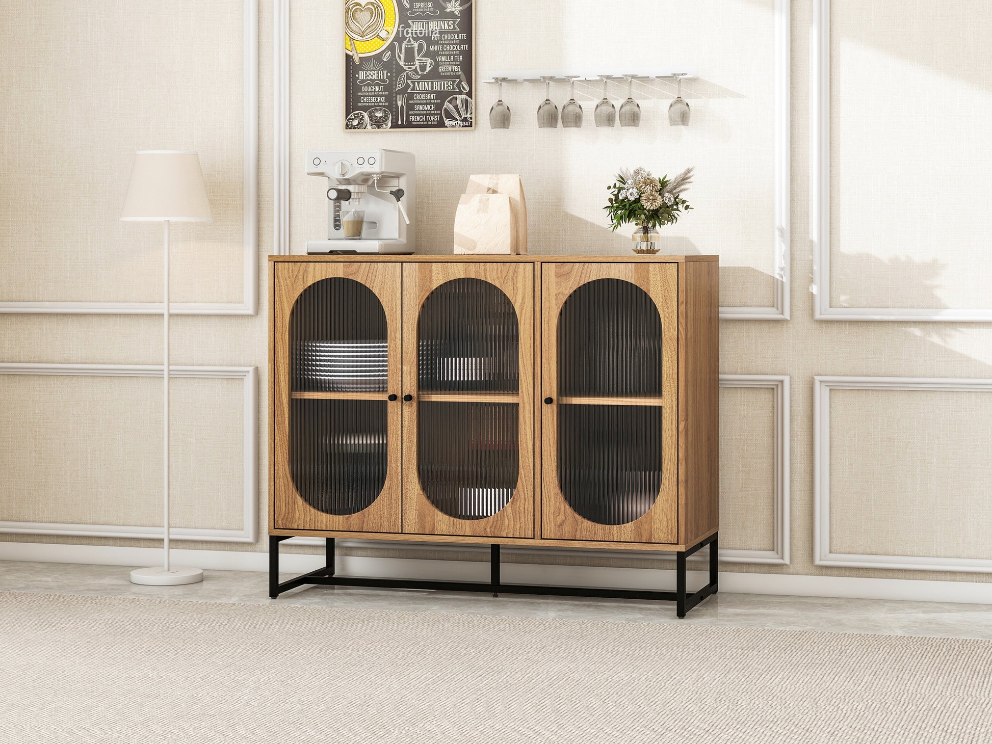 Storage Cabinet With Glass Door, Sideboard Buffet Cabinet For Kitchen,Dining Room, Walnutcolor Natural Particle Board