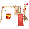 Outsunny 4 In 1 Wooden Swing Set Outdoor Playset With Baby Swing Seat, Toddler Slide, Captain'S Wheel, Horn, Kids Backyard Playground Equipment, Ages 1.5 4 Red Wood