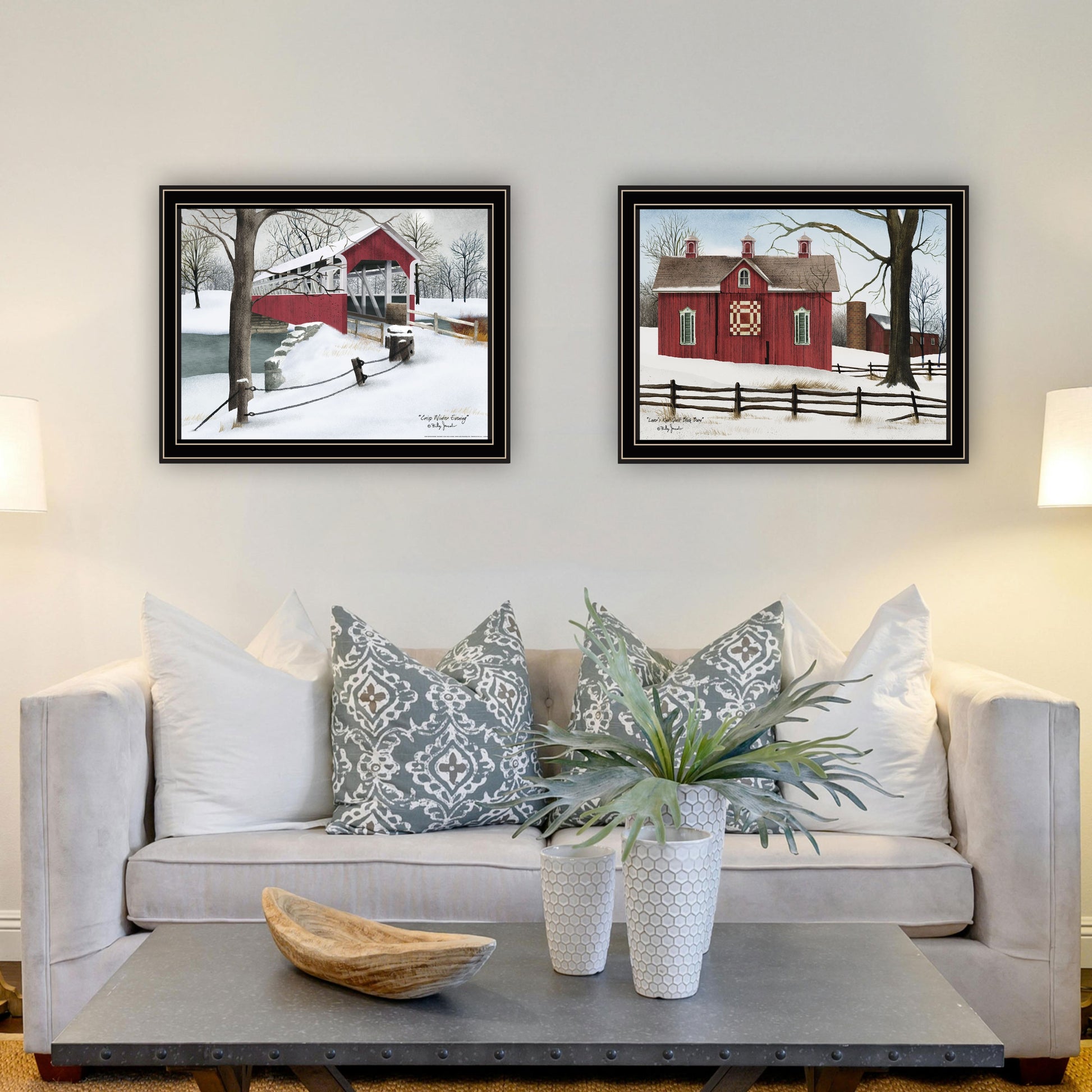 2 Piece Vignette Lovers Knot Quilt Barn, Covered Bridge Black Framed Wall Art For Living Room, Bedroom Wall Art Print For Home Decor By Billy Jacobs Multi Wood Paper