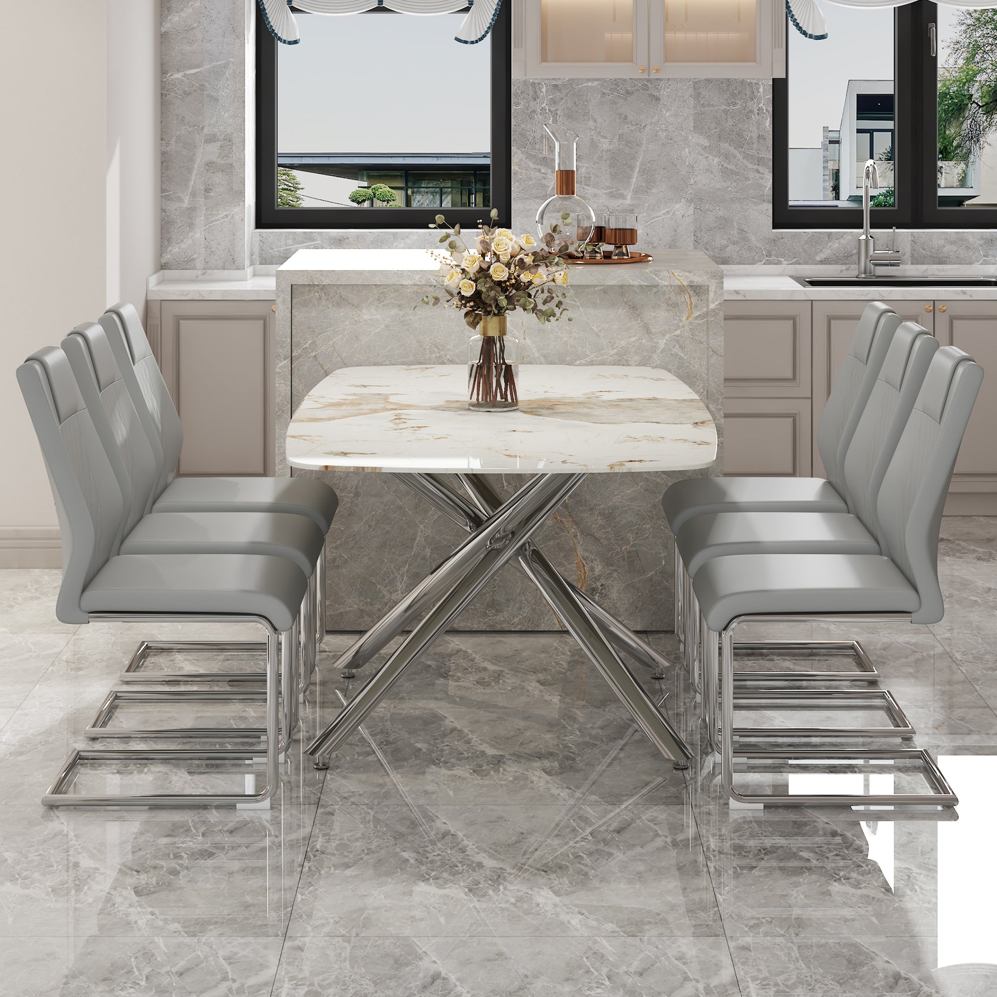 Table And Chair Set, Large Modern Minimalist Rectangular Dining Table, 0.39 "Imitation Marble Tabletop And Silver Metal Legs, Soft Leather Seats. F 1537 Silver Glass Metal