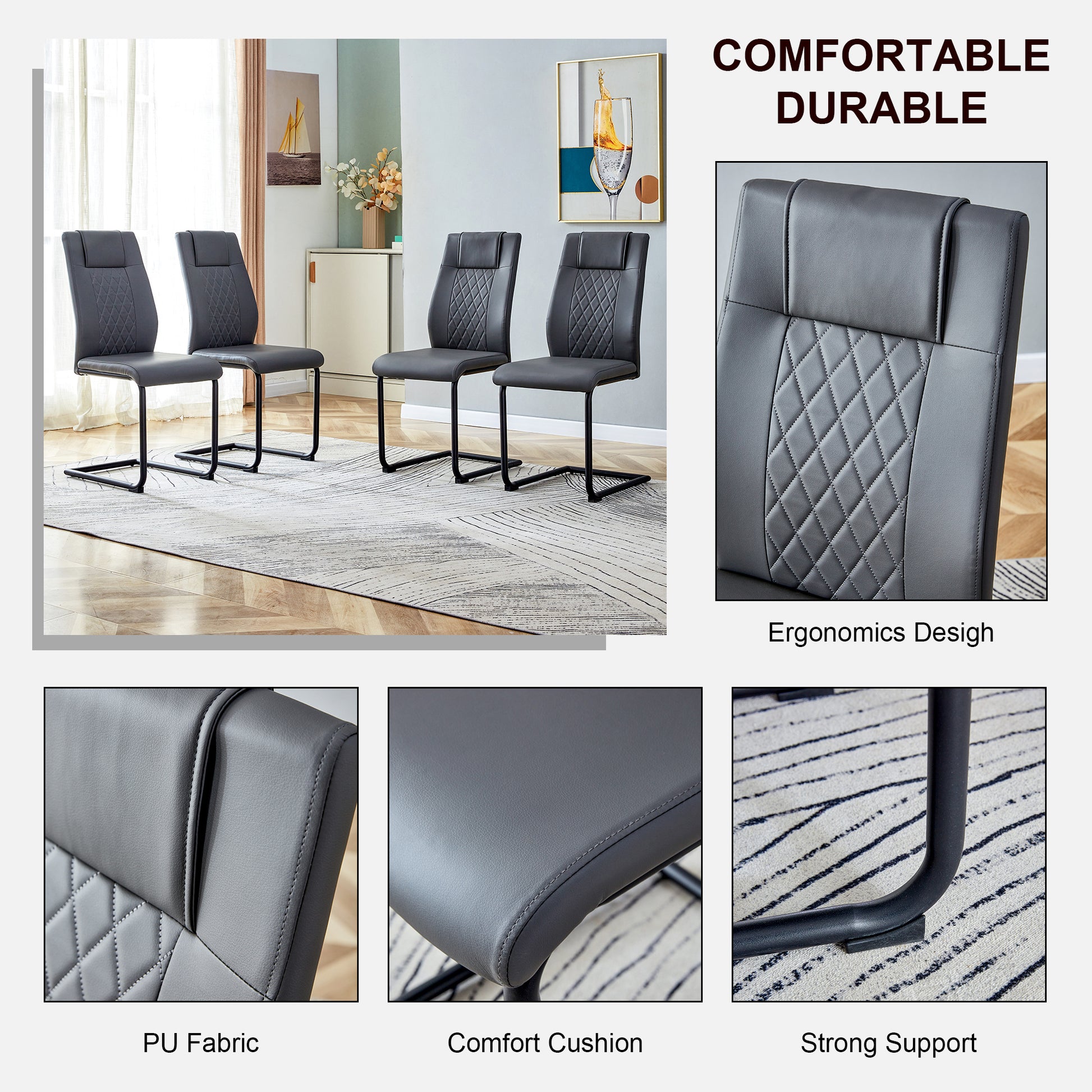 1 Table And 8 Chairs Set.A Rectangular Dining Table With A 0.39 Inch Imitation Marble Tabletop And Black Metal Legs.Paired With 8 Chairs With Pu Leather Seat Cushion And Black Metal Legs.F 1538,C 001 Black Glass Metal