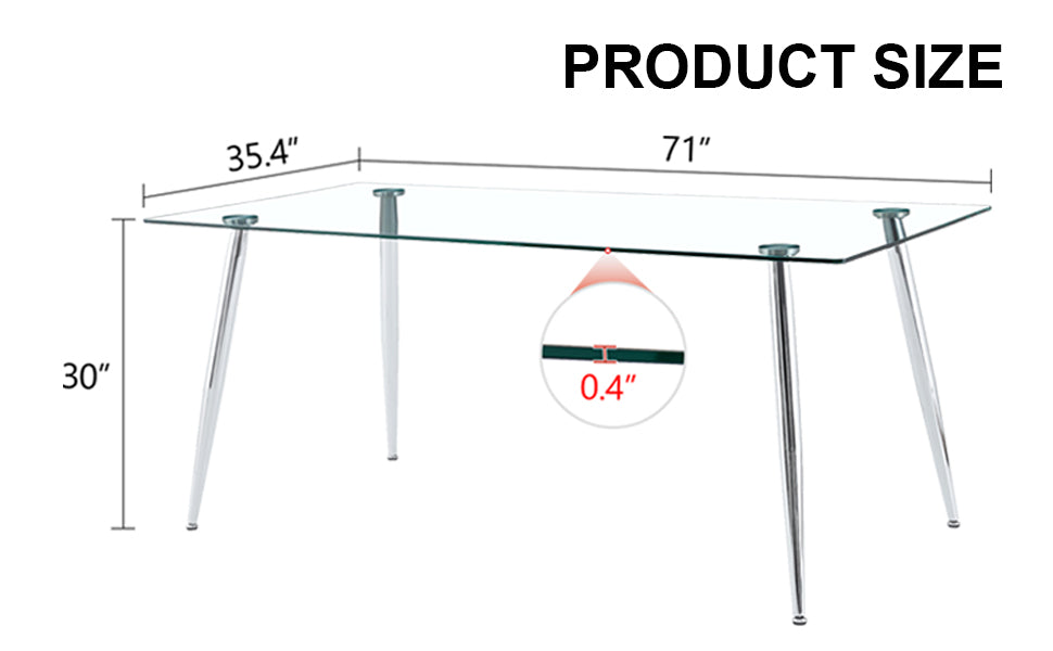 Modern Rectangular Glass Dining Table, Suitable For 4 6 People, With Tempered Glass Countertop And Silver Metal Table Legs, Writing Desk, Suitable For Kitchen, Dining Room And Living Room Transparent Glass