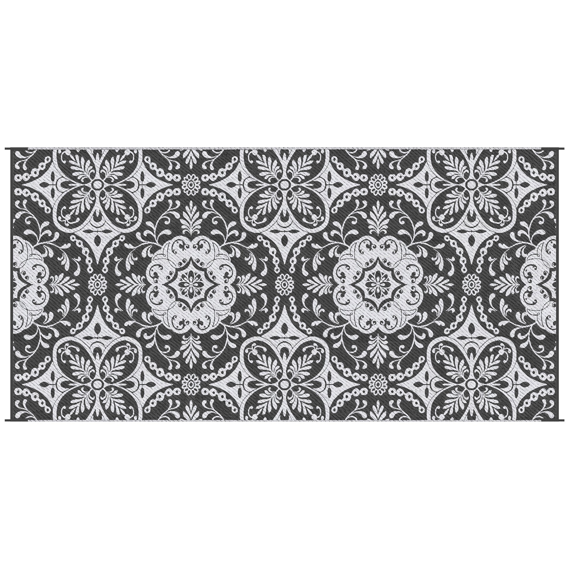Outsunny Reversible Outdoor Rug, 9' X 18' Waterproof Plastic Straw Floor Mat, Portable Rv Camping Carpet With Carry Bag, Large Floor Mat For Backyard, Deck, Picnic, Beach, Gray & White Floral Multicolor Polypropylene