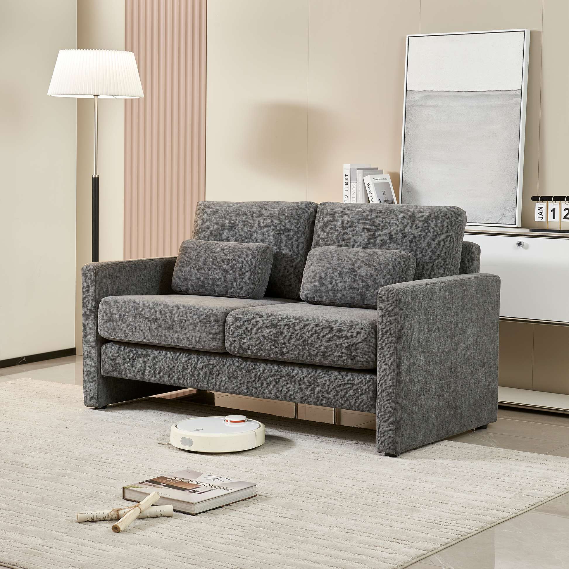 58.66" Small Modern Loveseat Sofa, Mid Century Chenille Fabric 2 Seat Couch Beautiful Seat With Back Cushions, Accent Sofa Couch For Living Room, Bedroom And Small Space Gray Wood Foam Chenille 2 Seat