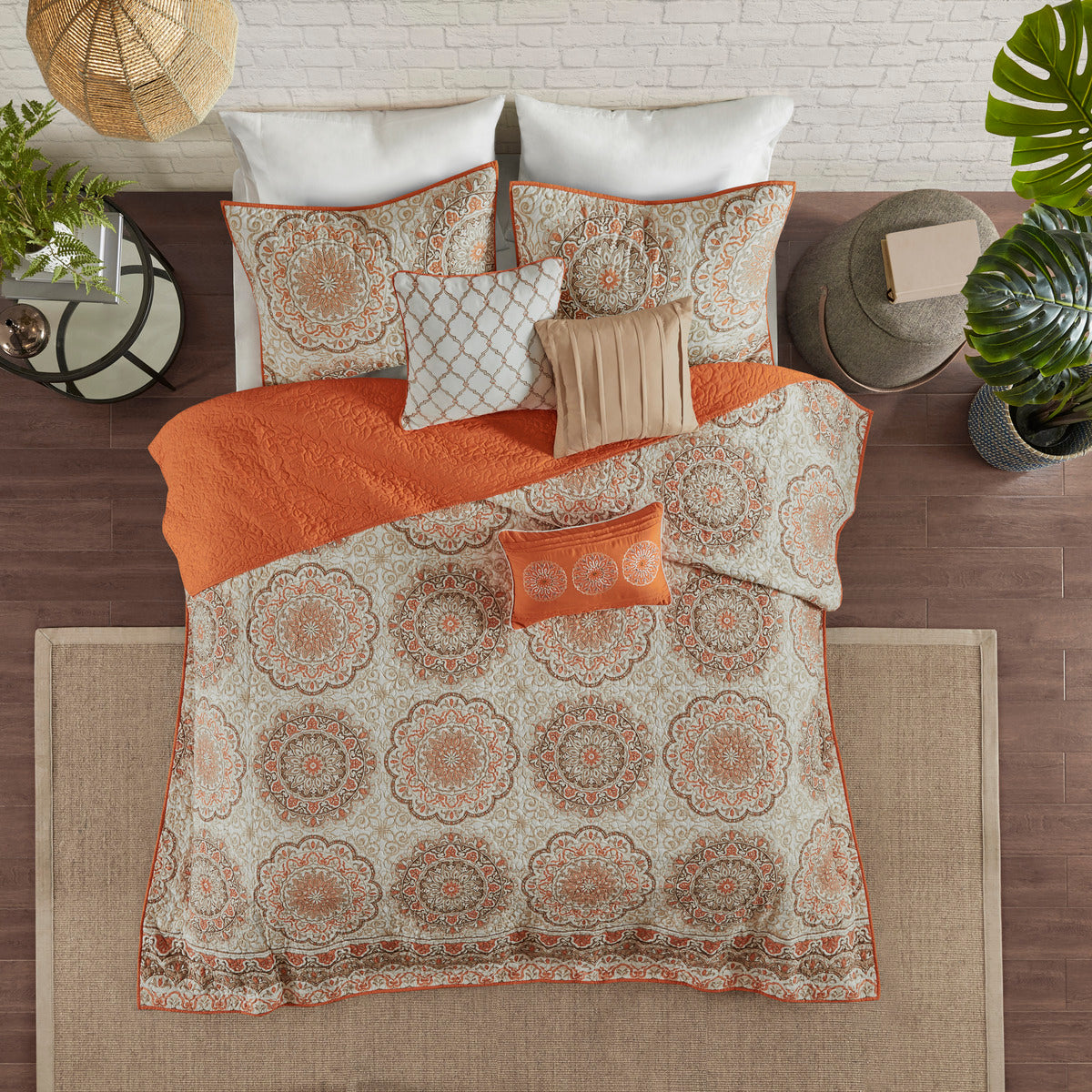 6 Piece Reversible Quilt Set With Throw Pillows Orange Full Queen Orange Cotton